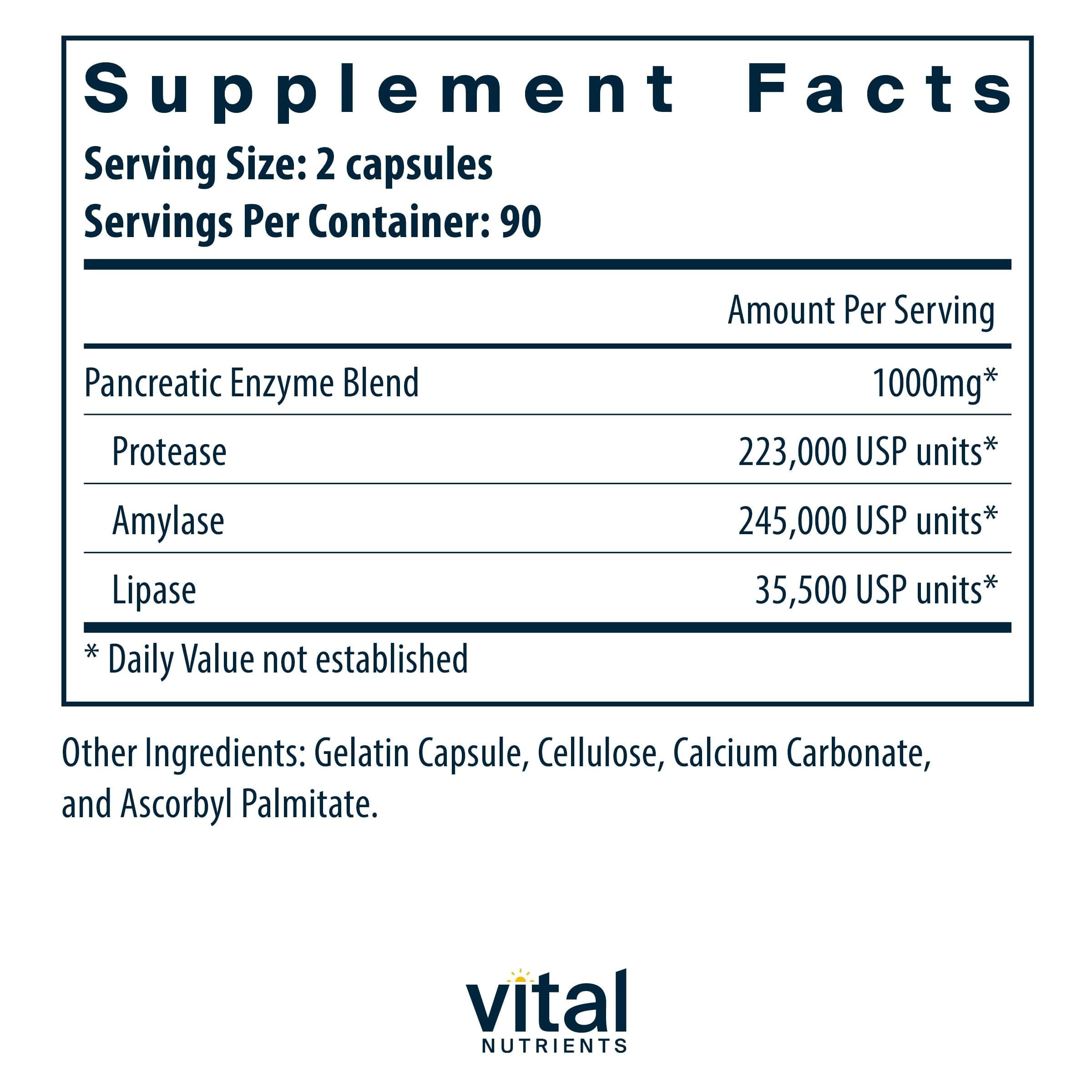 Vital Nutrients Pancreatic Enzymes 1000mg | Full-Strength Digestive Enzymes | Gluten, Dairy & Soy Free | 180 Capsules