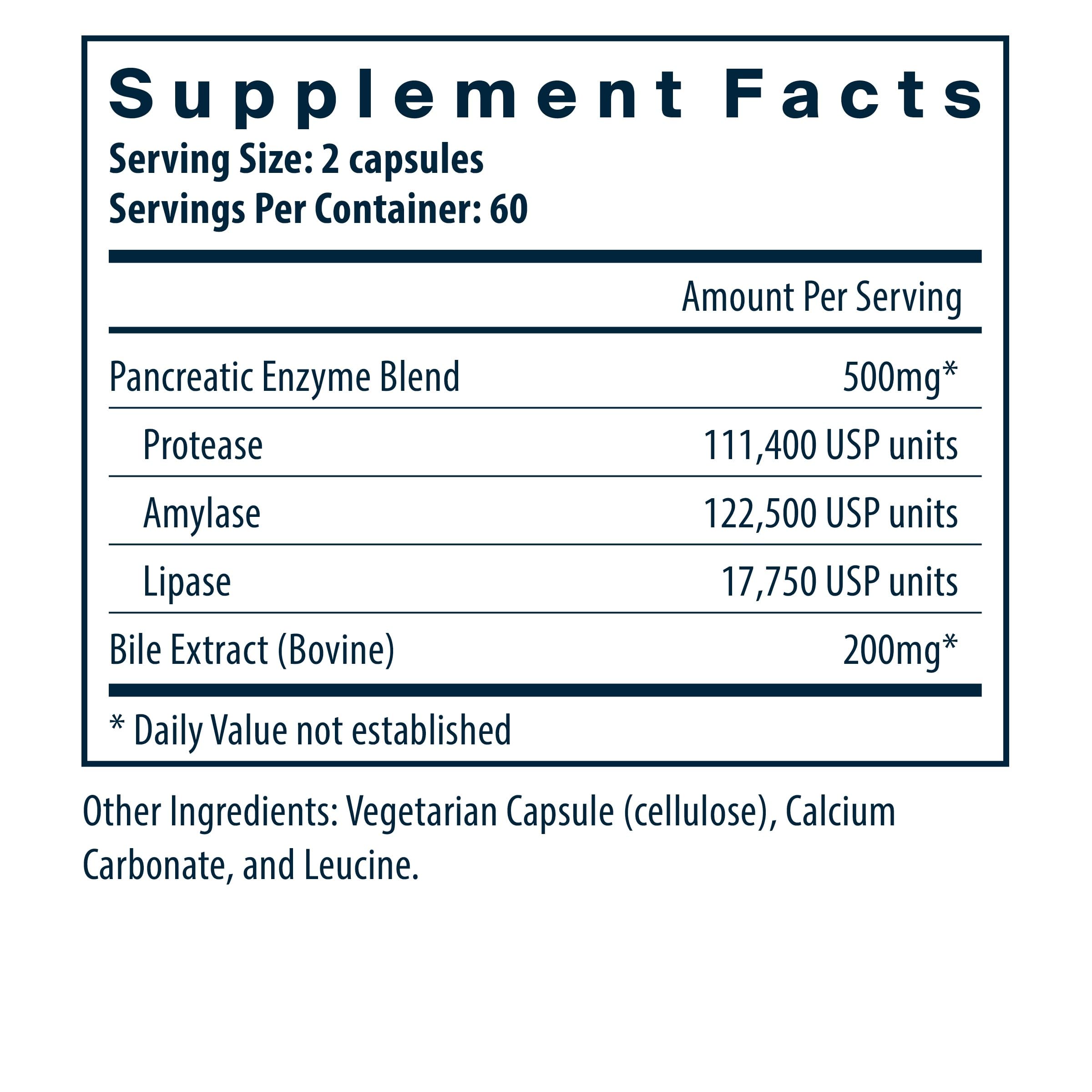 Vital Nutrients Pancreatin & Ox Bile Extract 500mg | Digestive Enzymes for Protein, Fat & Carbs | Gluten Free | 120 Capsules
