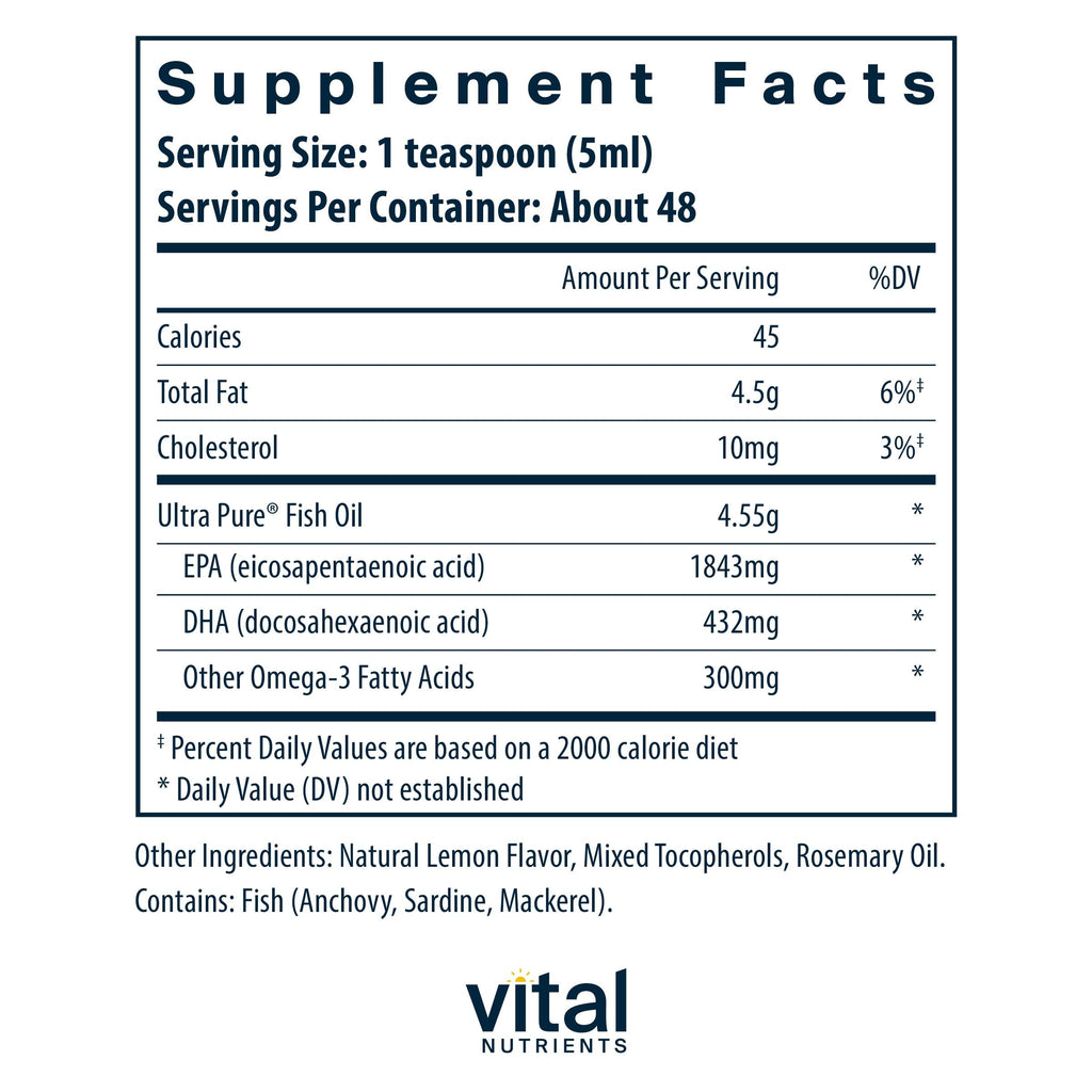 Vital Nutrients Ultra Pure Fish Oil 2600 – Pharmaceutical Grade, Hi-Potency Deep Sea EPA/DHA, 8 oz