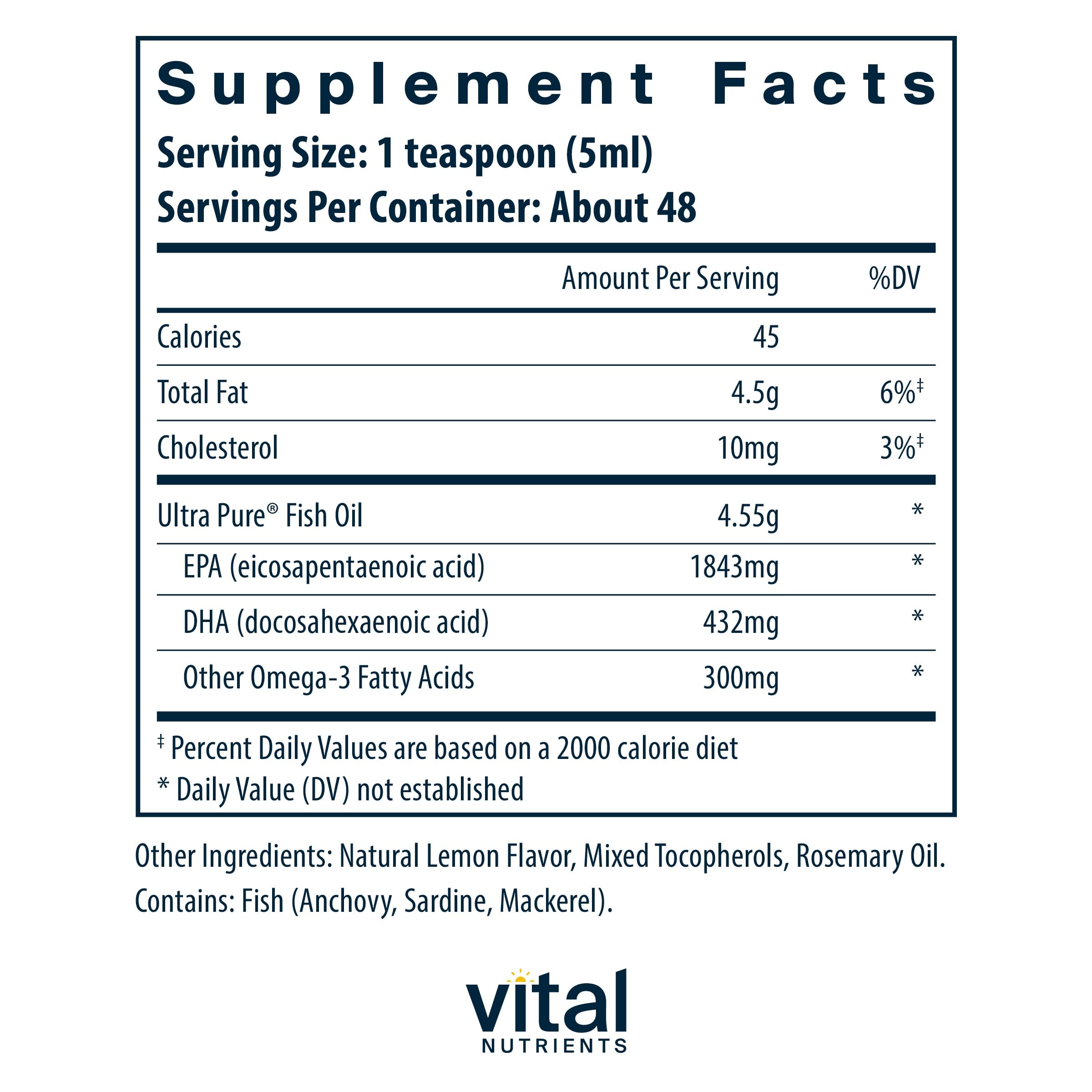 Vital Nutrients Ultra Pure Fish Oil 2600 – Pharmaceutical Grade, Hi-Potency Deep Sea EPA/DHA, 8 oz