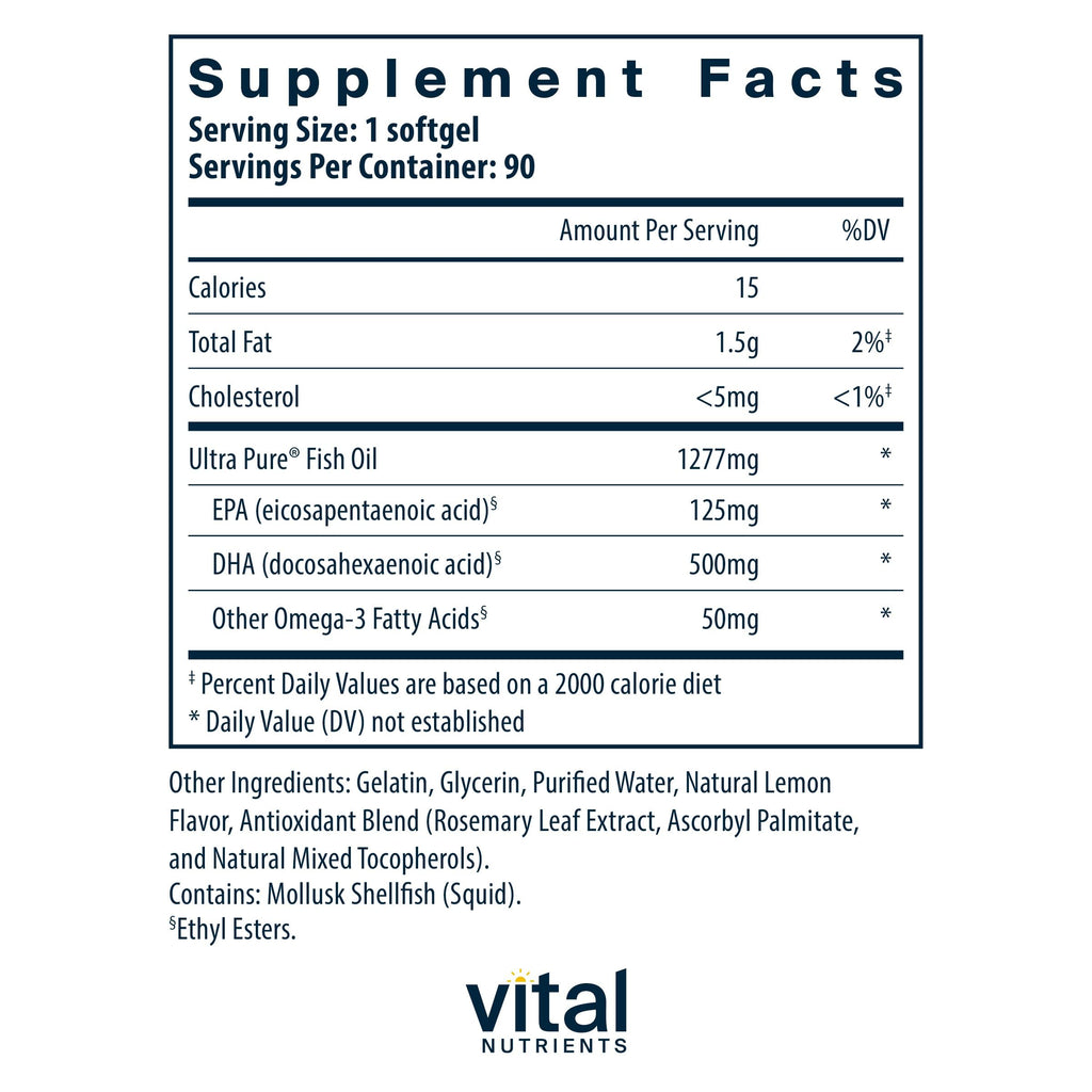 Vital Nutrients Ultra Pure Fish Oil 675 | High DHA Omega-3 (90 Softgels, Lemon)