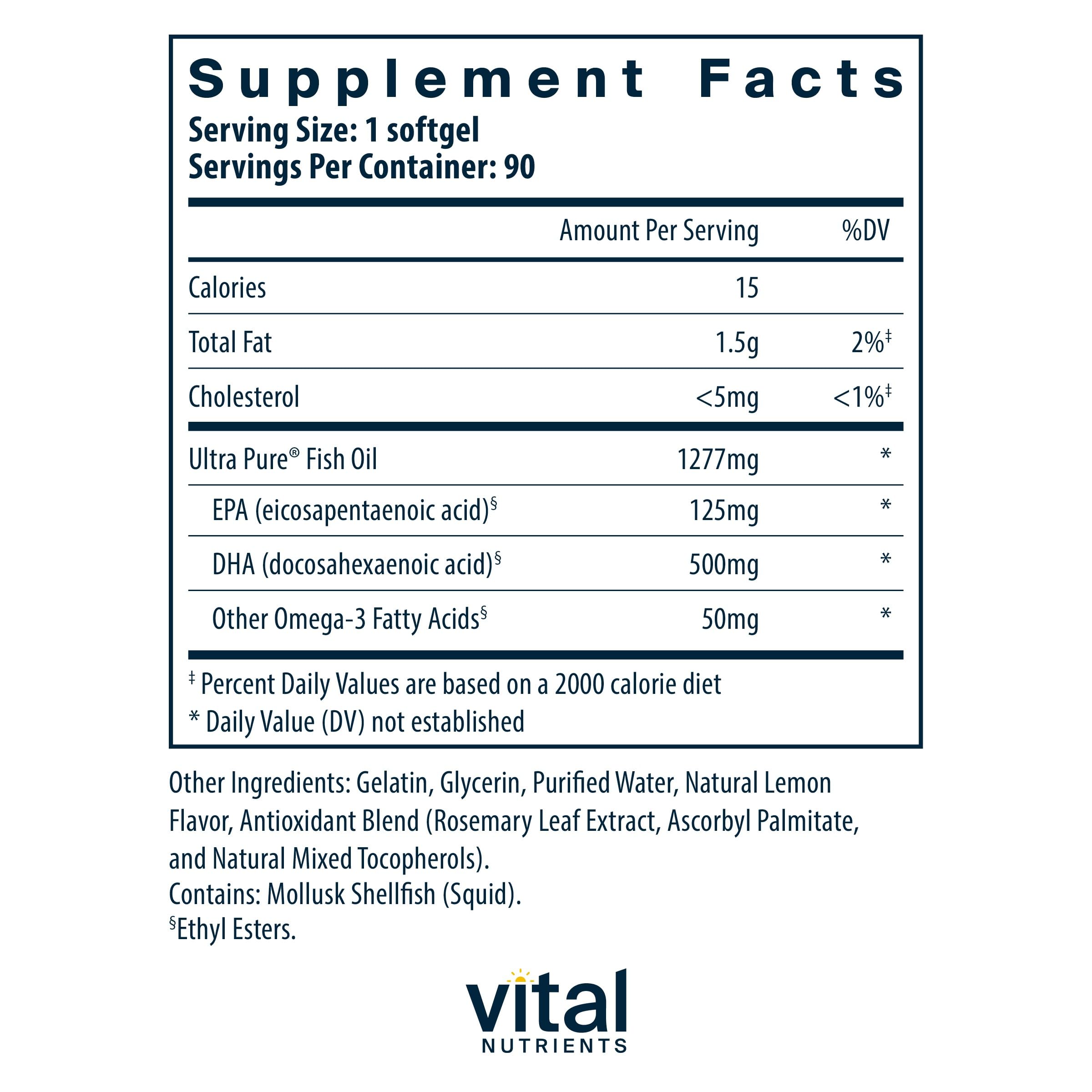 Vital Nutrients Ultra Pure Fish Oil 675 | High DHA Omega-3 (90 Softgels, Lemon)