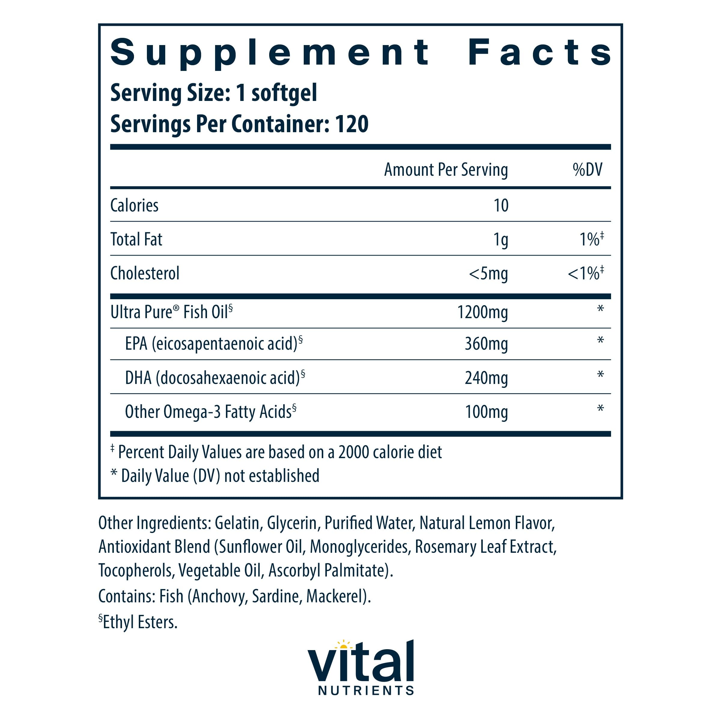 Vital Nutrients Ultra Pure Fish Oil 700 | High EPA & DHA, Lemon Flavor | 120 Softgels