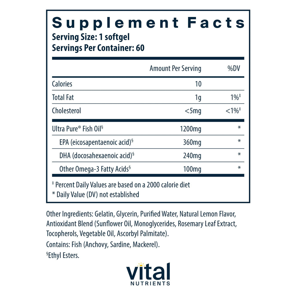 Vital Nutrients Ultra Pure Fish Oil 700 | High EPA & DHA | Lemon | 60 Softgels