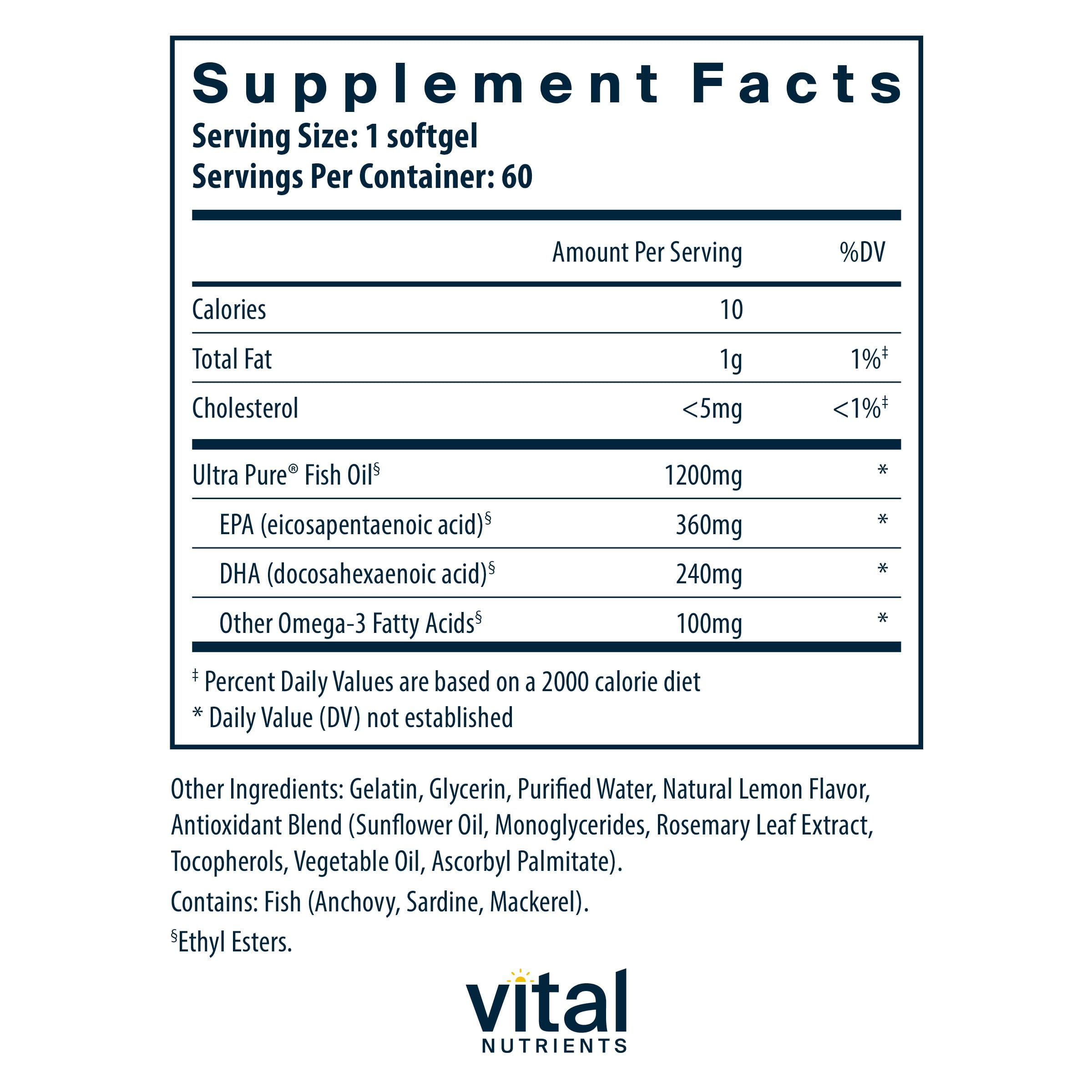 Vital Nutrients Ultra Pure Fish Oil 700 | High EPA & DHA | Lemon | 60 Softgels