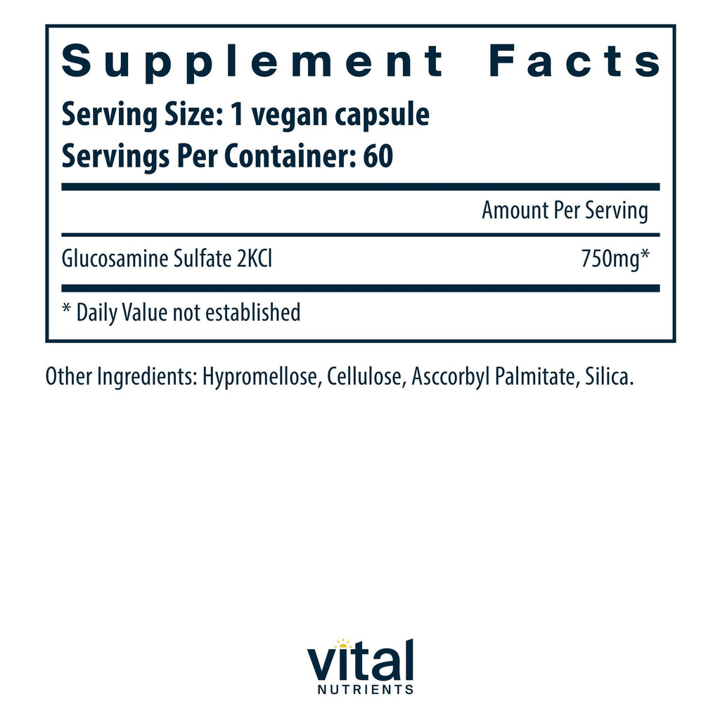 Vital Nutrients Vegan Glucosamine Sulfate 750mg – Joint Support, Cartilage & Mobility | Gluten-Free, Non-GMO | 60 Capsules