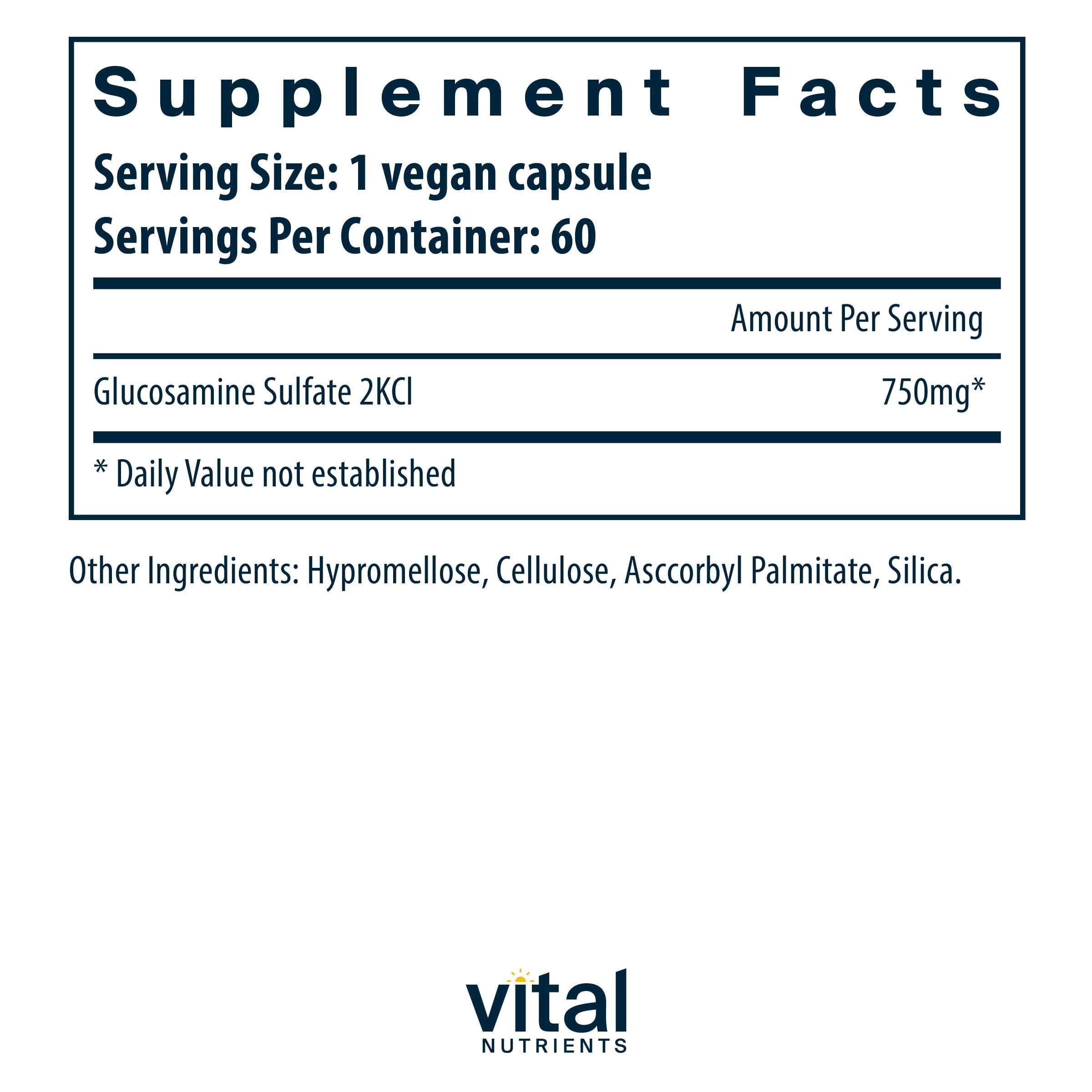 Vital Nutrients Vegan Glucosamine Sulfate 750mg – Joint Support, Cartilage & Mobility | Gluten-Free, Non-GMO | 60 Capsules