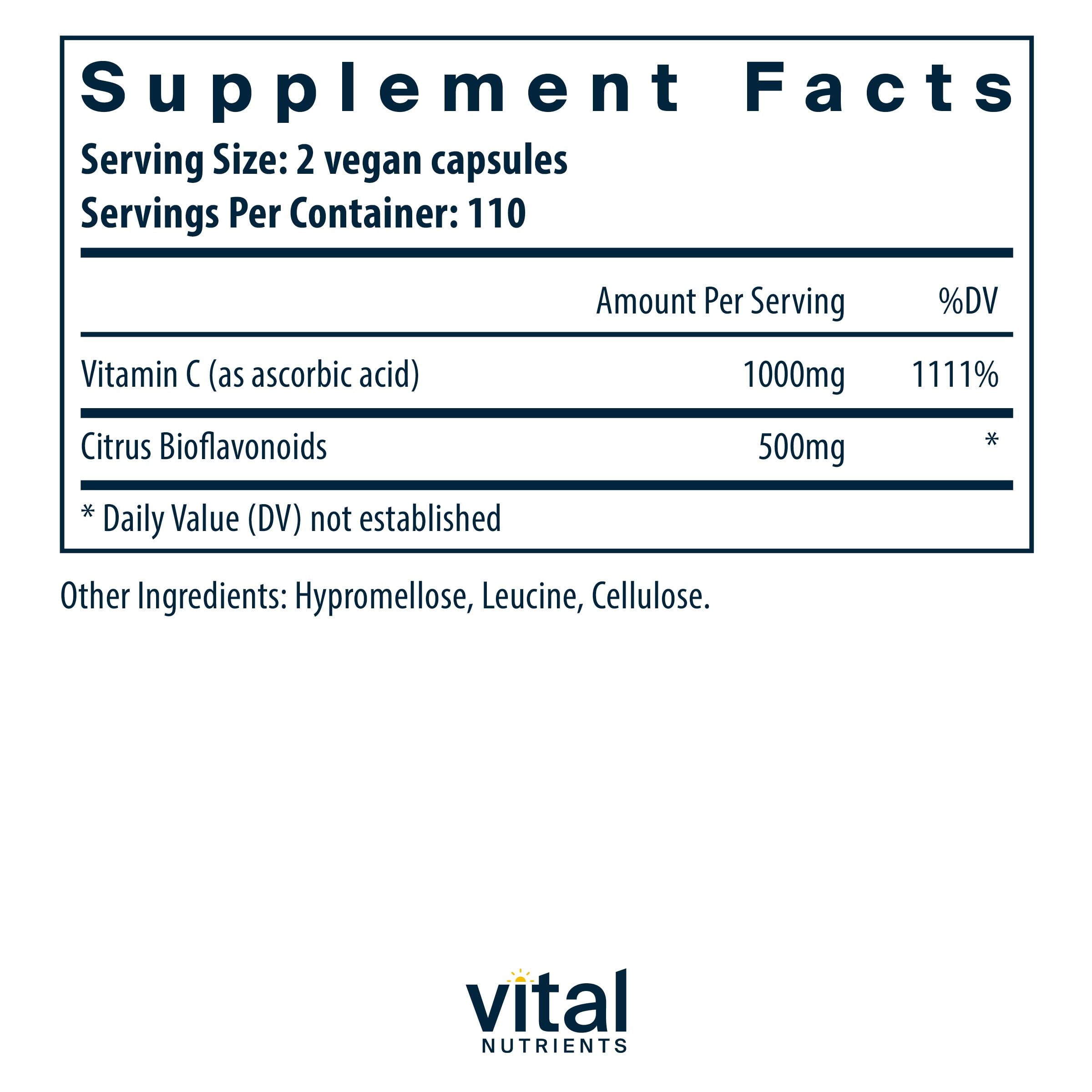 Vital Nutrients Vitamin C with Bioflavonoids | Vegan, Allergen-Free 1000mg Vitamin C + 500mg Citrus Bioflavonoids | 220 Capsules