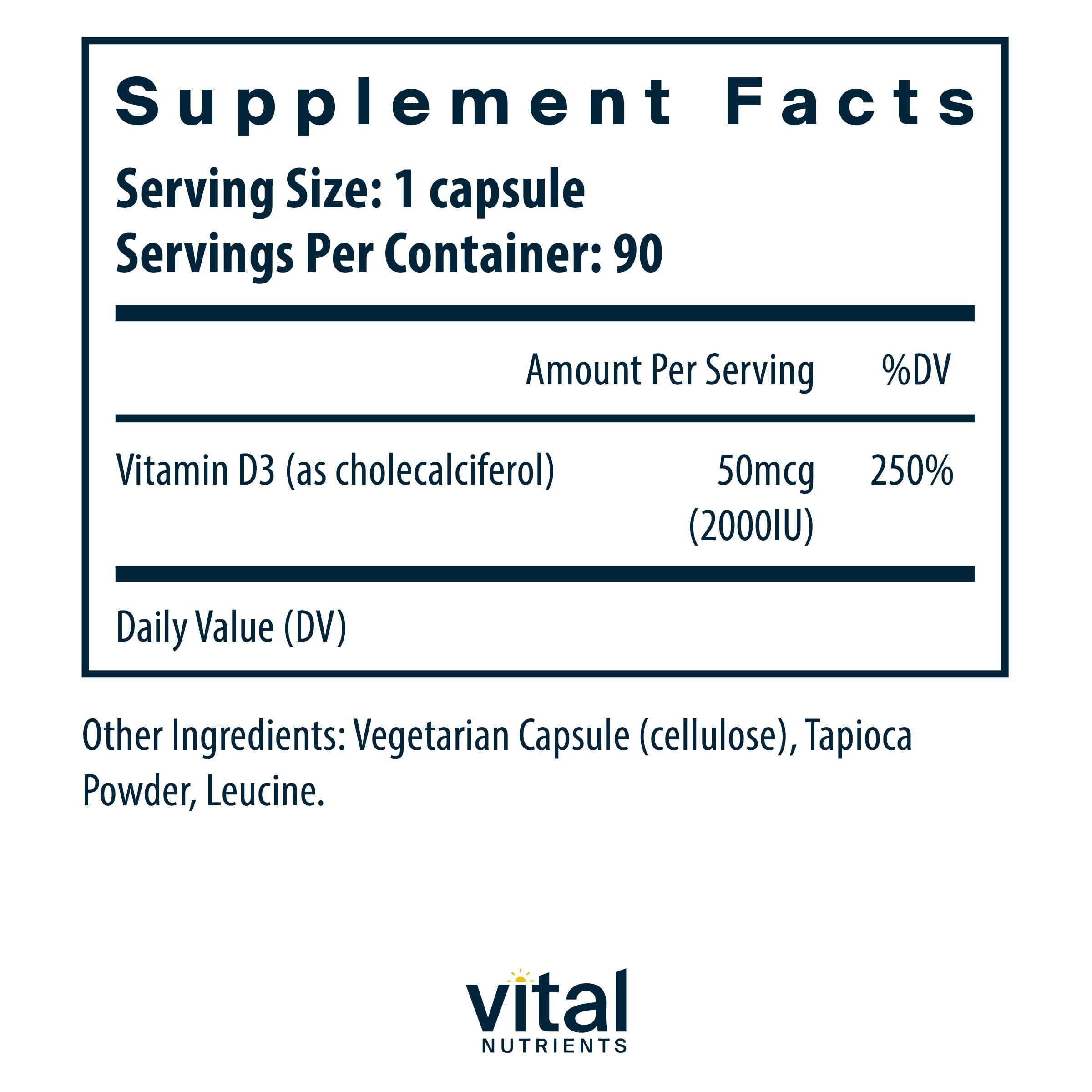 Vital Nutrients Vitamin D 2000 IU | D3 for Bones, Immunity & Calcium Absorption | 90 Capsules | Gluten, Dairy & Soy Free