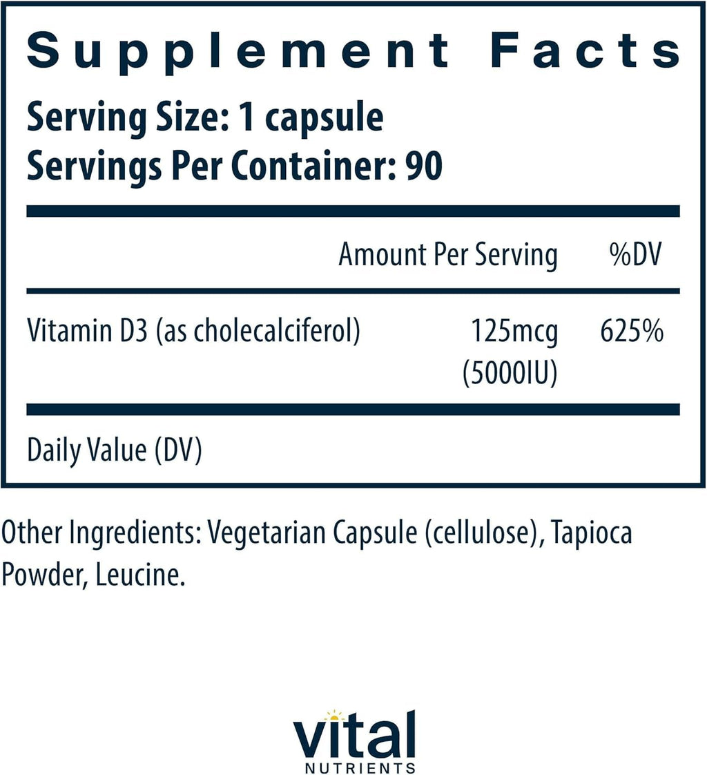 Vital Nutrients Vitamin D 5000 IU | Vitamin D3 Supplement | Healthy Bones, Teeth, Muscles* | Cellular & Immune Function | Calcium Absorption | Gluten, Dairy and Soy Free | 90 Capsules