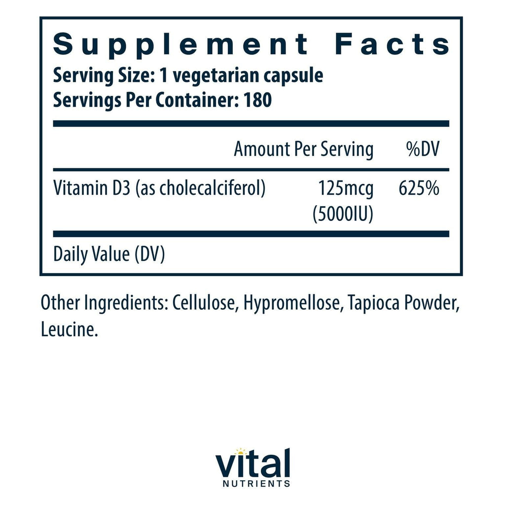 Vital Nutrients Vitamin D 5000 IU D3 Supplement – Supports Bones, Teeth & Immunity | Gluten, Dairy & Soy Free | 180 Capsules