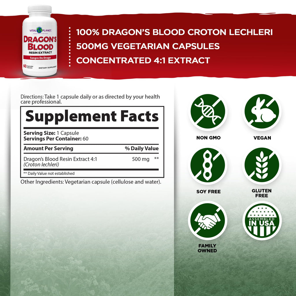 Vital Planet Dragon's Blood Resin Extract Croton lechleri – Digestive Health, 500 mg, 60 Capsules