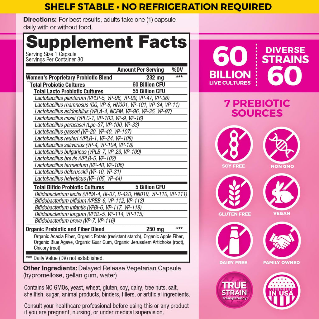 Vital Flora Probiotics for Women – 60 Billion CFU, 60 Strains, Organic Prebiotics | Vital Planet