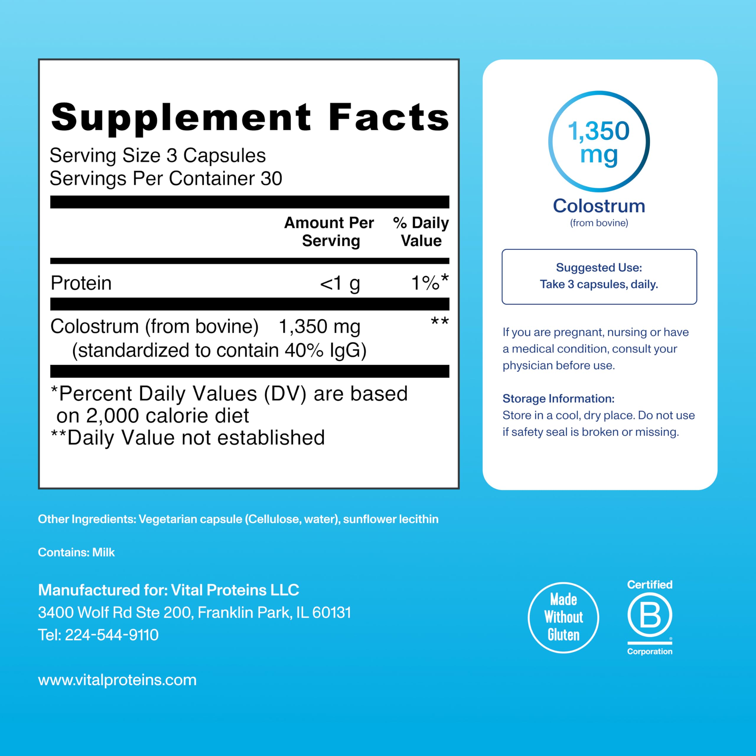 Vital Proteins Bovine Colostrum Capsules - Unflavored, 90 Count | 40% IgG for Gut & Immune Support