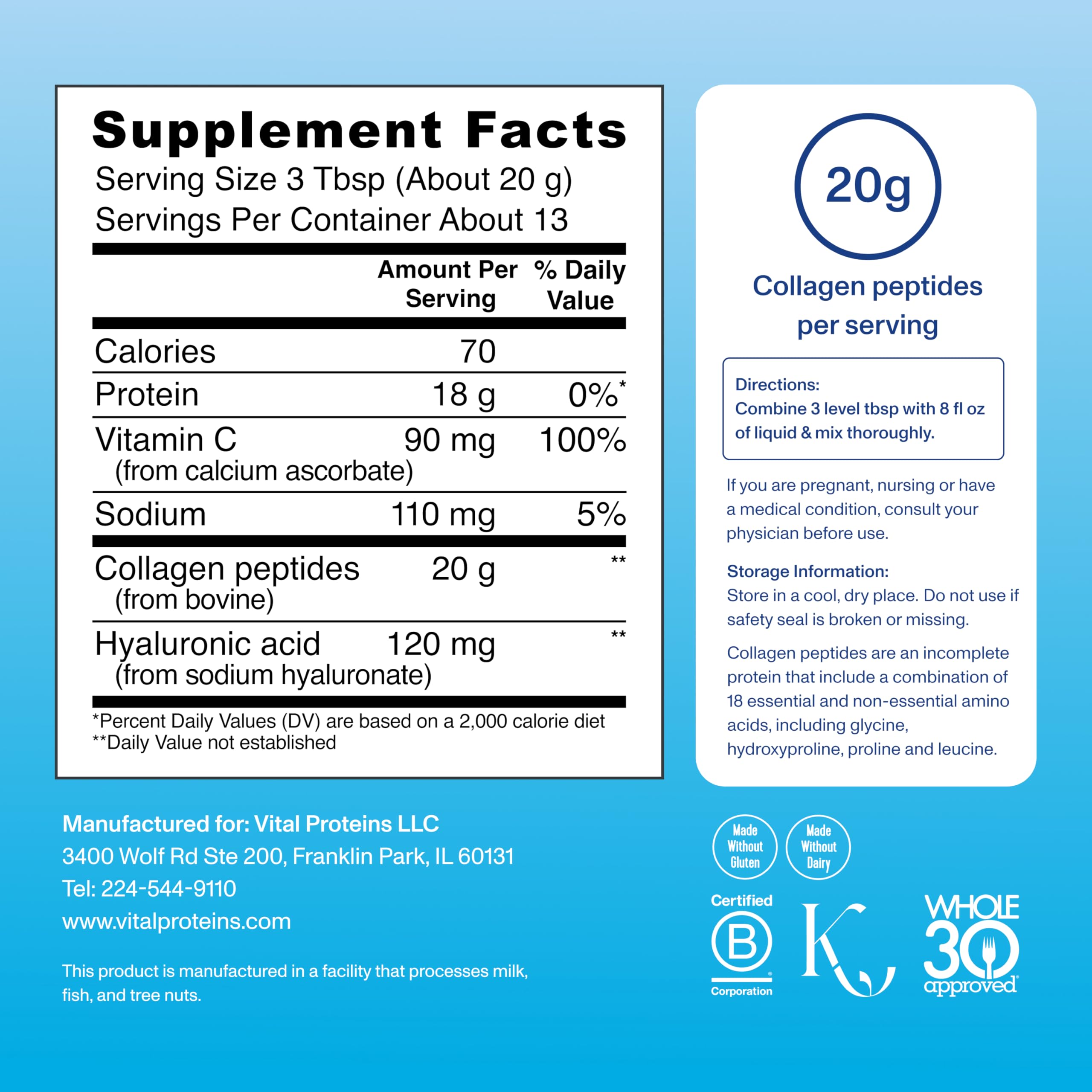 Vital Proteins Collagen Peptides Powder with Hyaluronic Acid & Vitamin C - Unflavored, 13 Servings