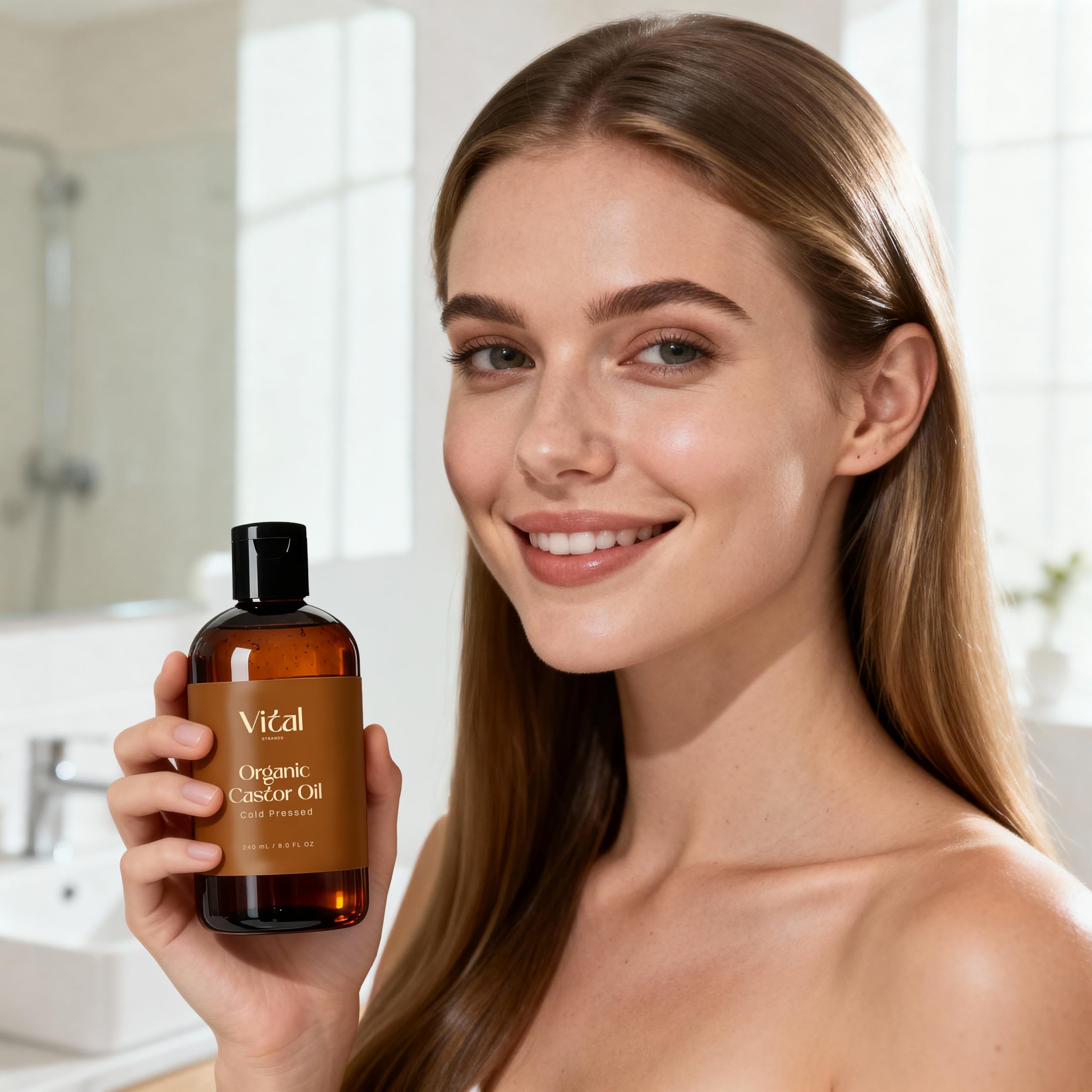Vital Strands Castor Oil Organic & Cold Pressed – Hair & Skin Nourishment, Eyelash & Brow Serum – Hexane Free, Vegan, 8oz