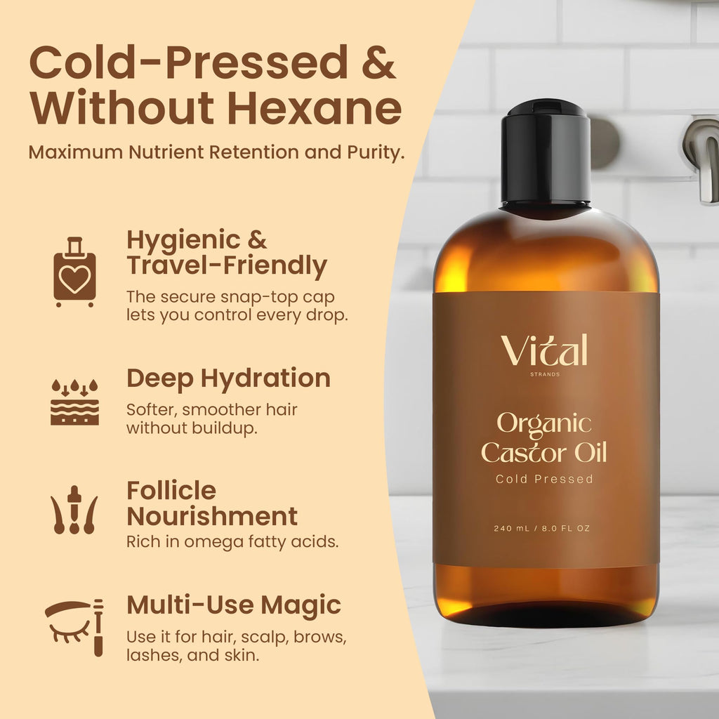 Vital Strands Castor Oil Organic & Cold Pressed – Hair & Skin Nourishment, Eyelash & Brow Serum – Hexane Free, Vegan, 8oz