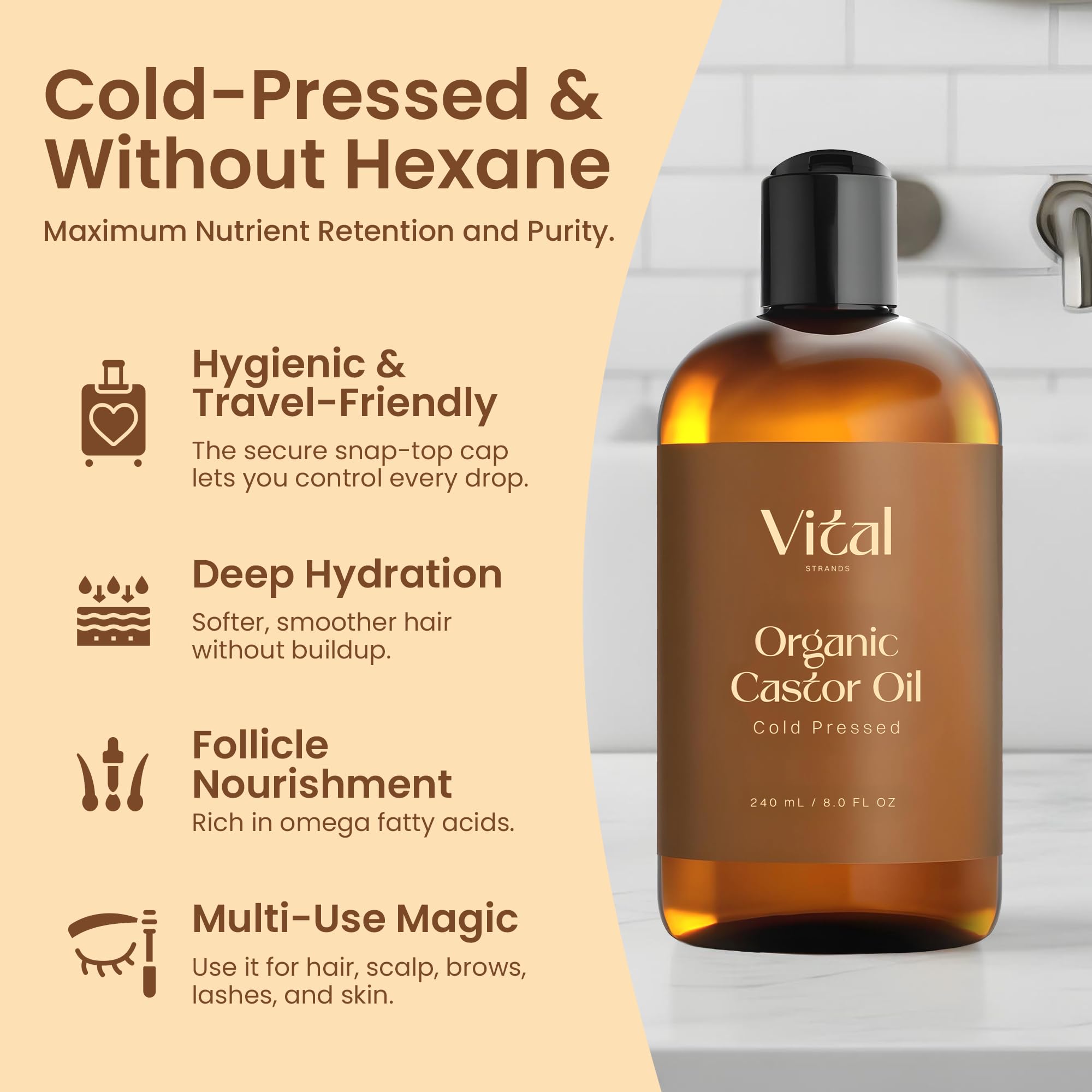 Vital Strands Castor Oil Organic & Cold Pressed – Hair & Skin Nourishment, Eyelash & Brow Serum – Hexane Free, Vegan, 8oz