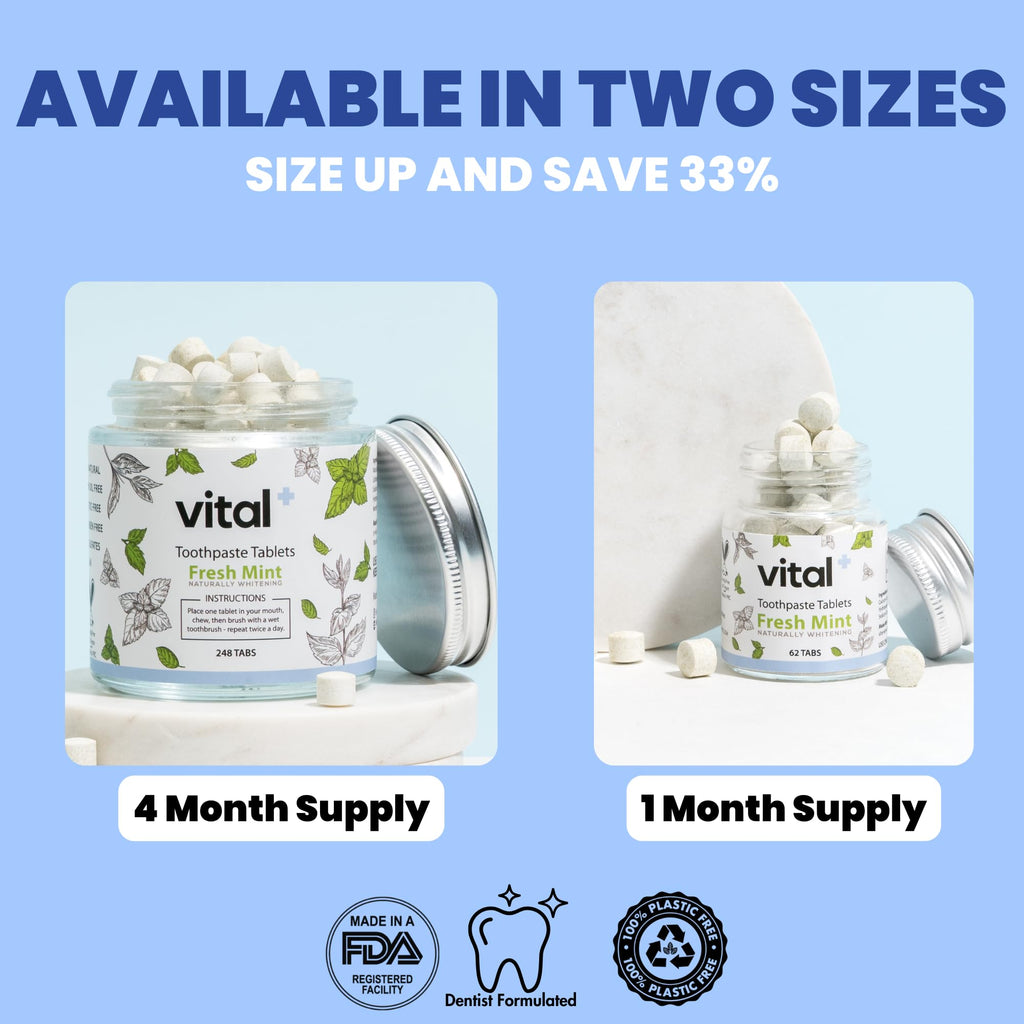 Vital Toothpaste Tabs – 7% Nano-Hydroxyapatite, Fluoride Free, 248 Tabs (4 Months)