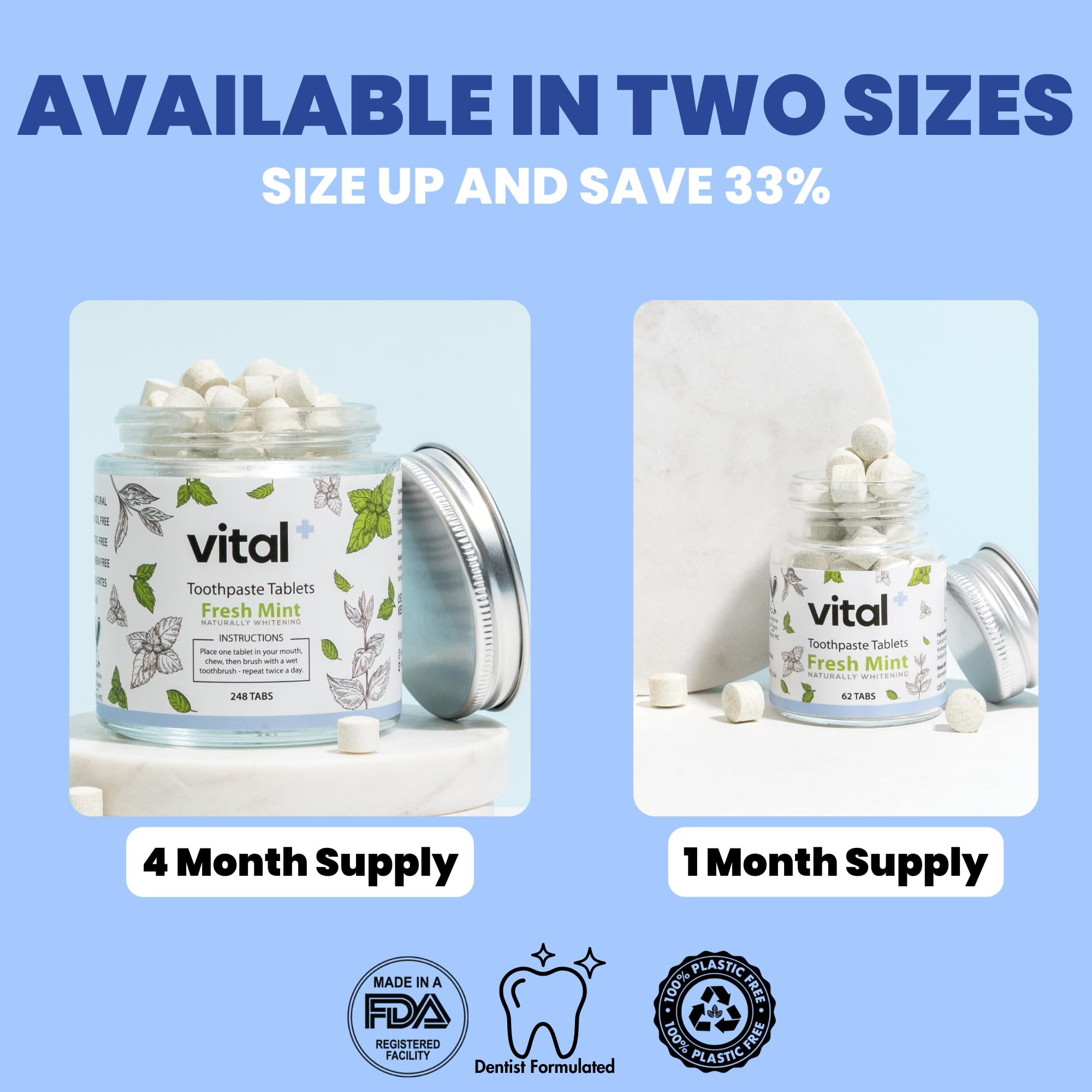 Vital Toothpaste Tabs – 7% Nano-Hydroxyapatite, Fluoride Free, 248 Tabs (4 Months)