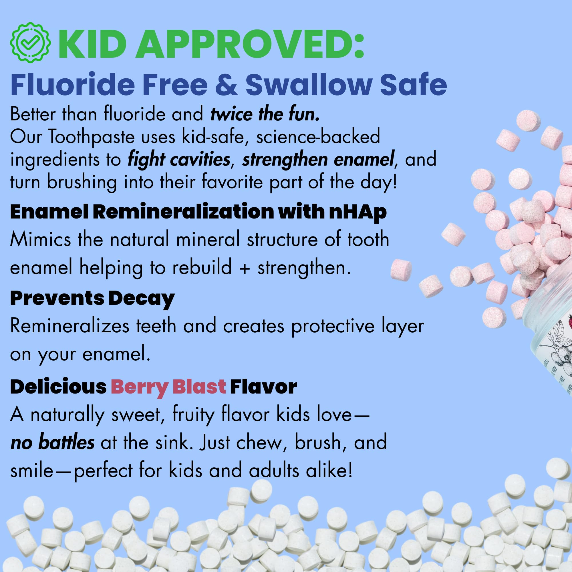 Vital Toothpaste Tabs with Nano-Hydroxyapatite | Berry Blast – Fluoride Free, Plastic Free, 248 Tablets