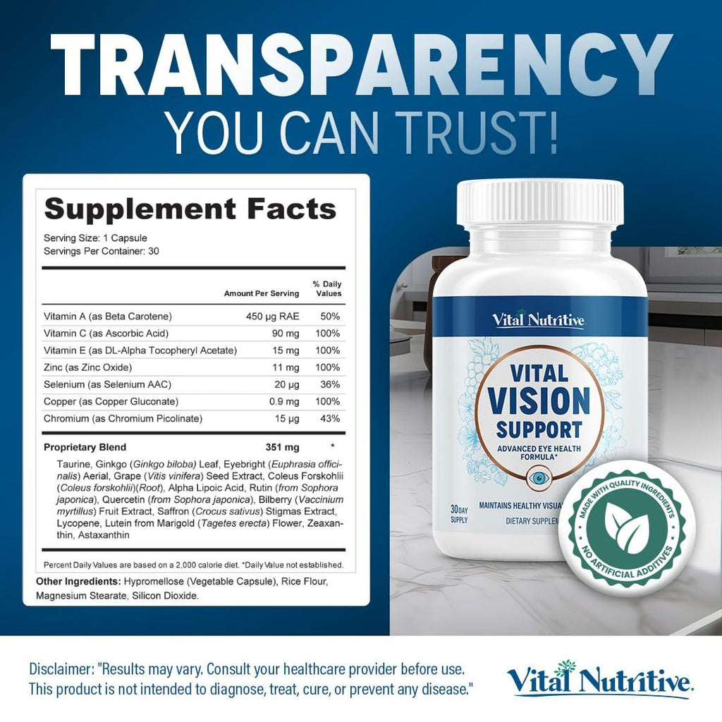 Vital Vision Support – Eye Health Supplement by Vital Nutritive with Vitamin A, Lutein & Antioxidants – 30-Day Serving