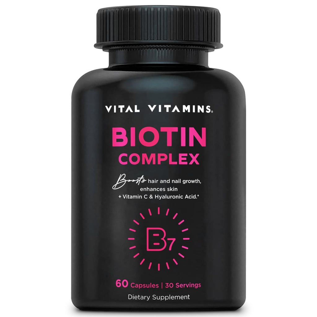 Vital Vitamins Biotin Complex Pills – Hyaluronic Acid, MSM, Collagen & Vitamin C | Hair, Skin & Nails Supplement (60 Capsules)