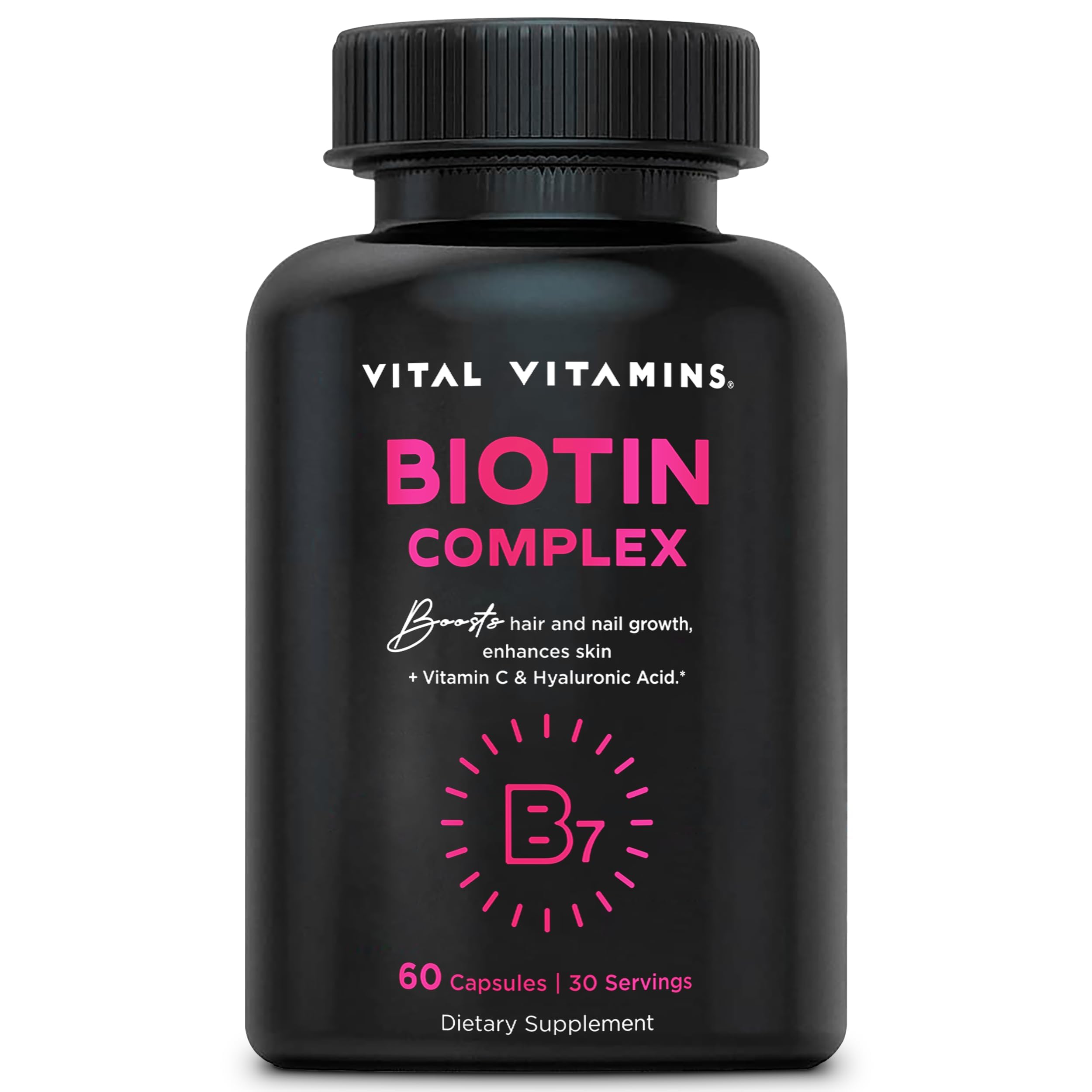Vital Vitamins Biotin Complex Pills – Hyaluronic Acid, MSM, Collagen & Vitamin C | Hair, Skin & Nails Supplement (60 Capsules)