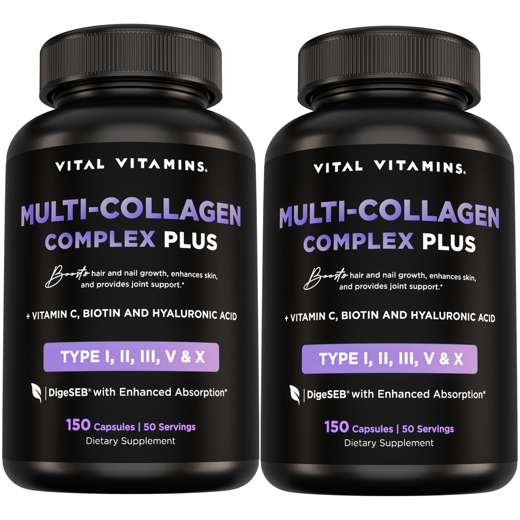 Vital Vitamins Multi Collagen Plus (2-Pack) – Biotin, Hyaluronic Acid & Vitamin C for Hair, Skin, Nails | Type I–X Collagen (Women & Men)