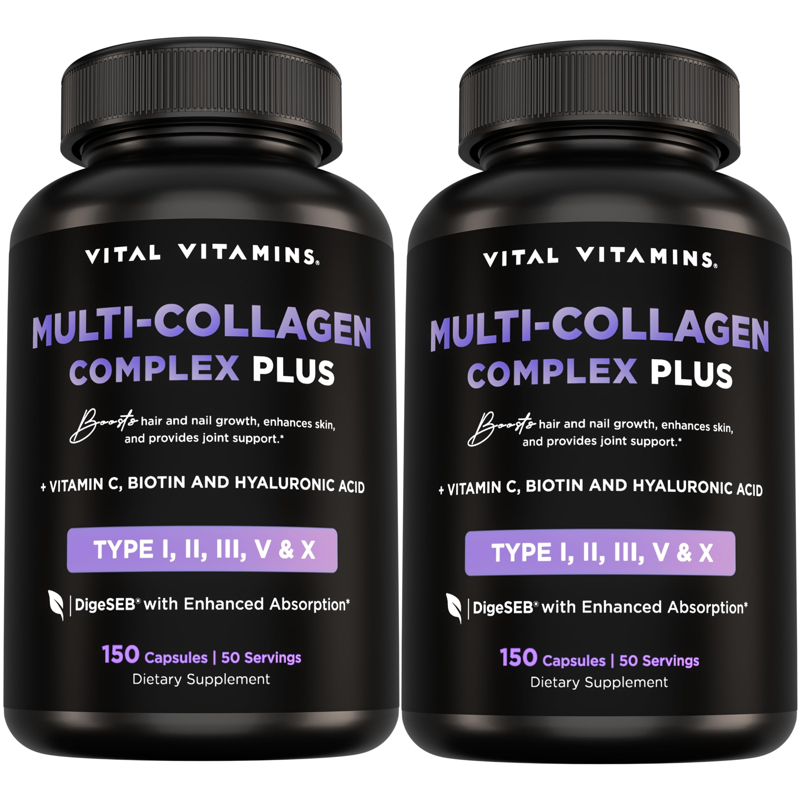 Vital Vitamins Multi Collagen Plus (2-Pack) – Biotin, Hyaluronic Acid & Vitamin C for Hair, Skin, Nails | Type I–X Collagen (Women & Men)