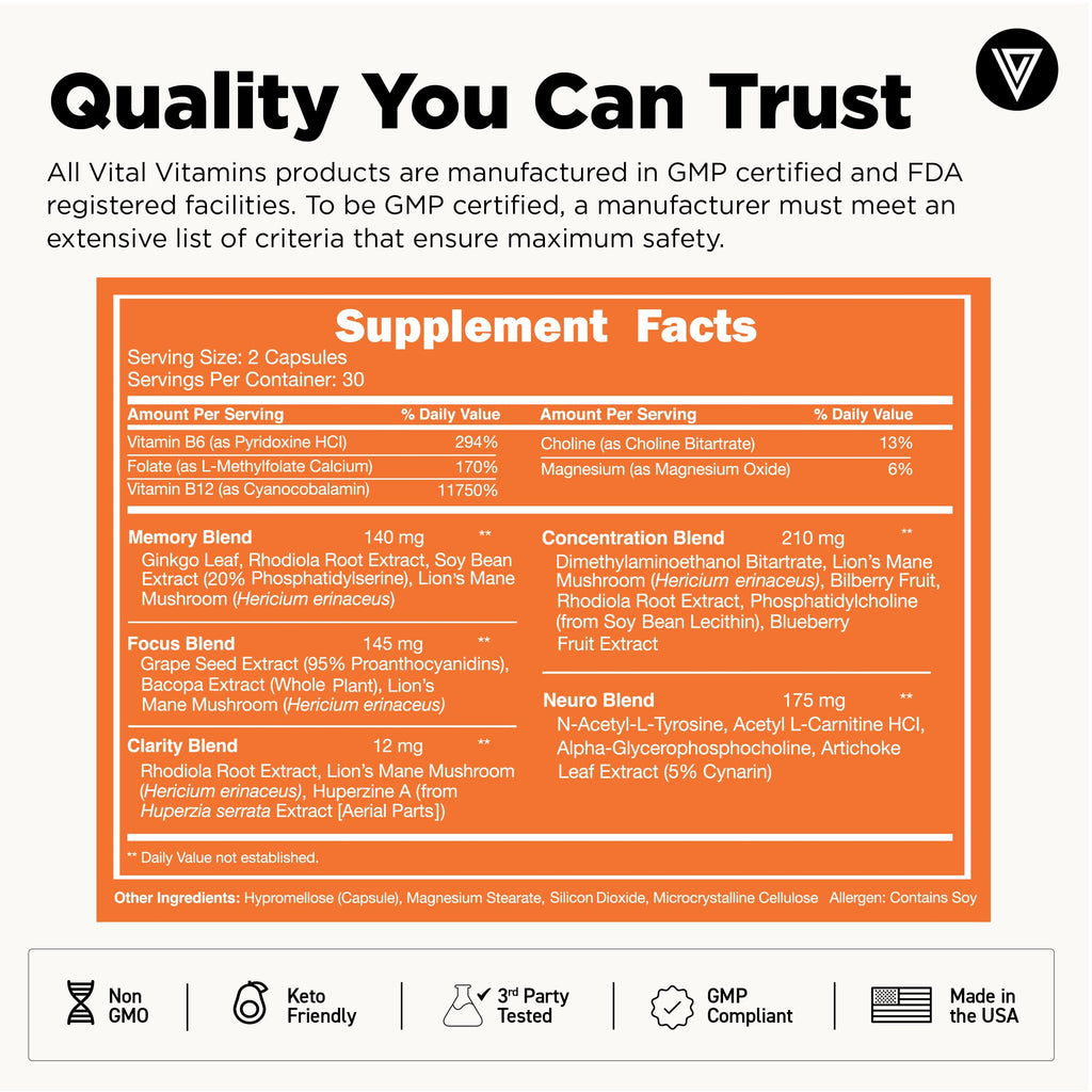 Vital Vitamins Nootropic Brain Supplement Plus – Memory & Focus (Lion's Mane) 60 Caps