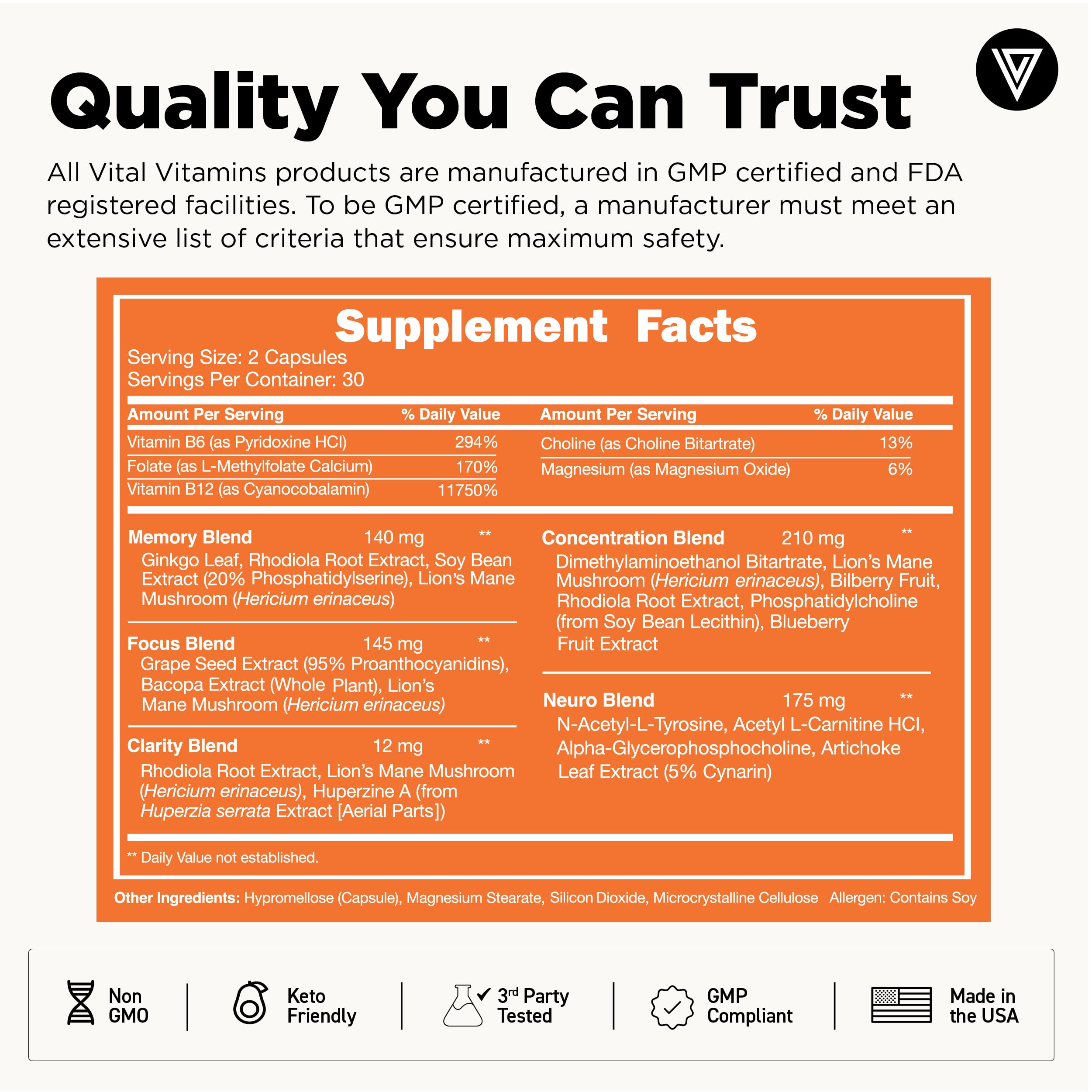Vital Vitamins Nootropic Brain Supplement Plus – Memory & Focus (Lion's Mane) 60 Caps