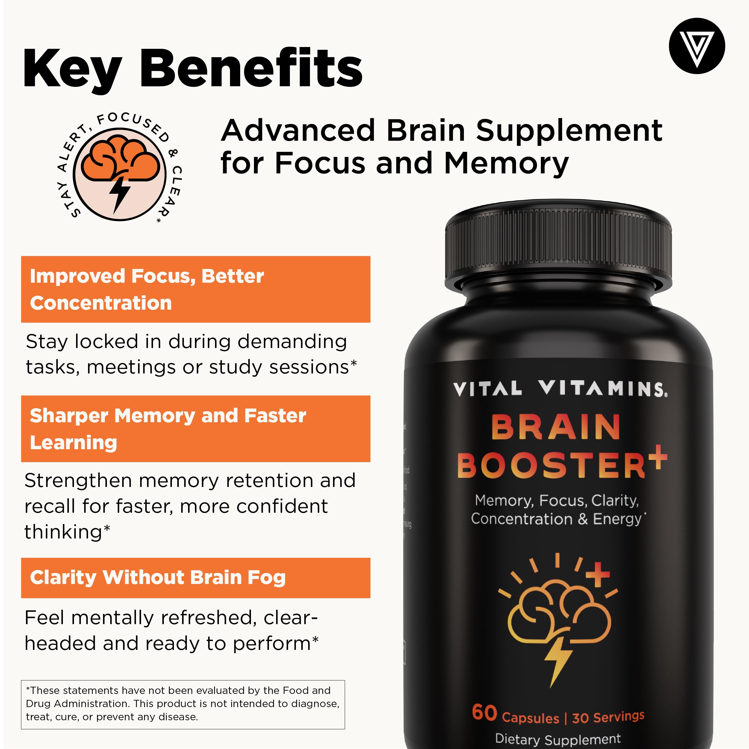 Vital Vitamins Nootropic Brain Supplement Plus – Memory & Focus (Lion's Mane) 60 Caps