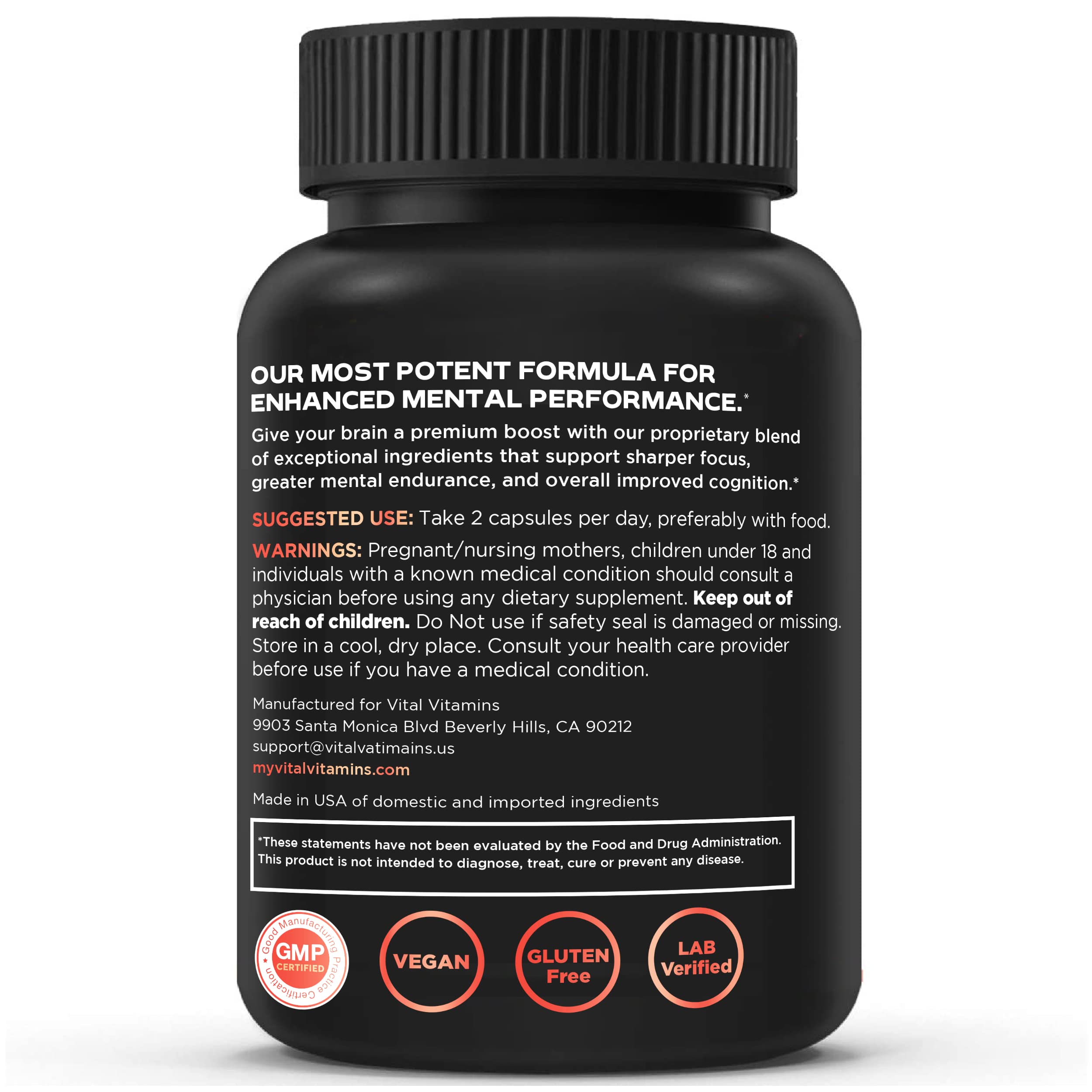 Vital Vitamins Nootropic Brain Supplement Plus – Memory & Focus (Lion's Mane) 60 Caps