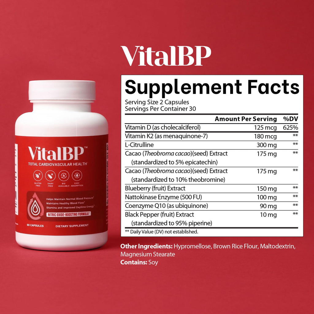 VitalBP - Support for Normal Blood Pressure & Healthy Blood Flow | CoQ10, L-Citrulline, K2 & D3 - 60 Capsules