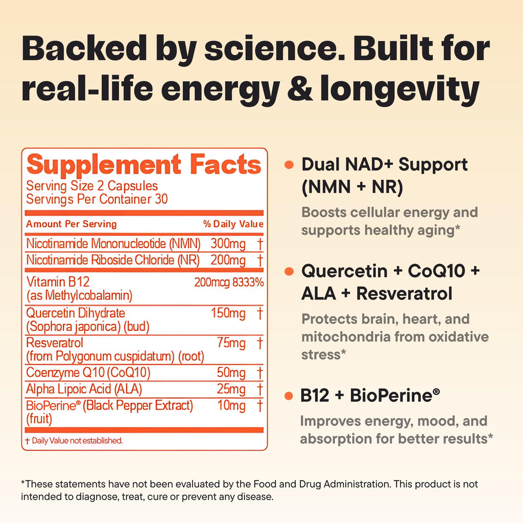 VitalForm NAD+ Booster – NMN + NR Complex for Energy, Healthy Aging & Brain Support | 60 Vegan Capsules