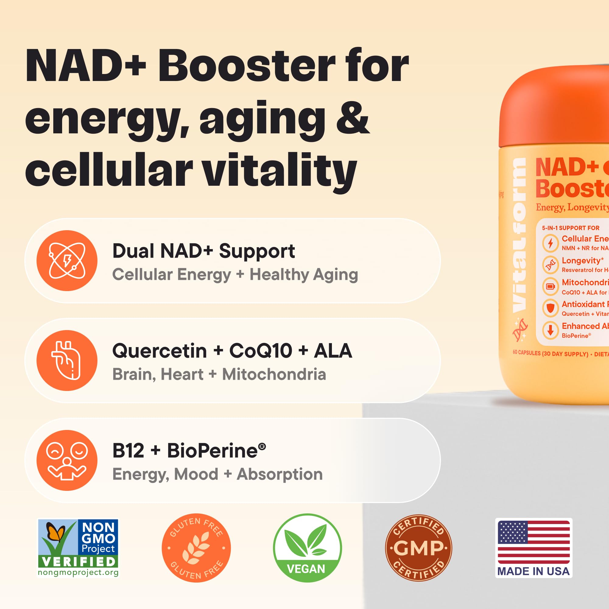 VitalForm NAD+ Booster – NMN + NR Complex for Energy, Healthy Aging & Brain Support | 60 Vegan Capsules