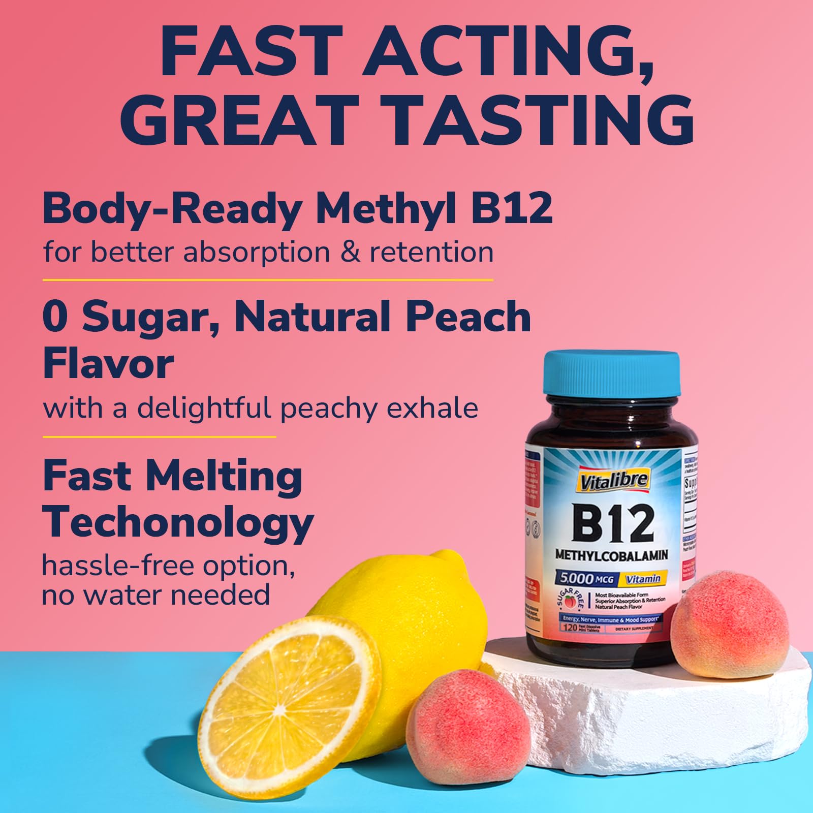 Vitalibre B12 Sublingual 5000 mcg – Vegan Methylcobalamin, Energy