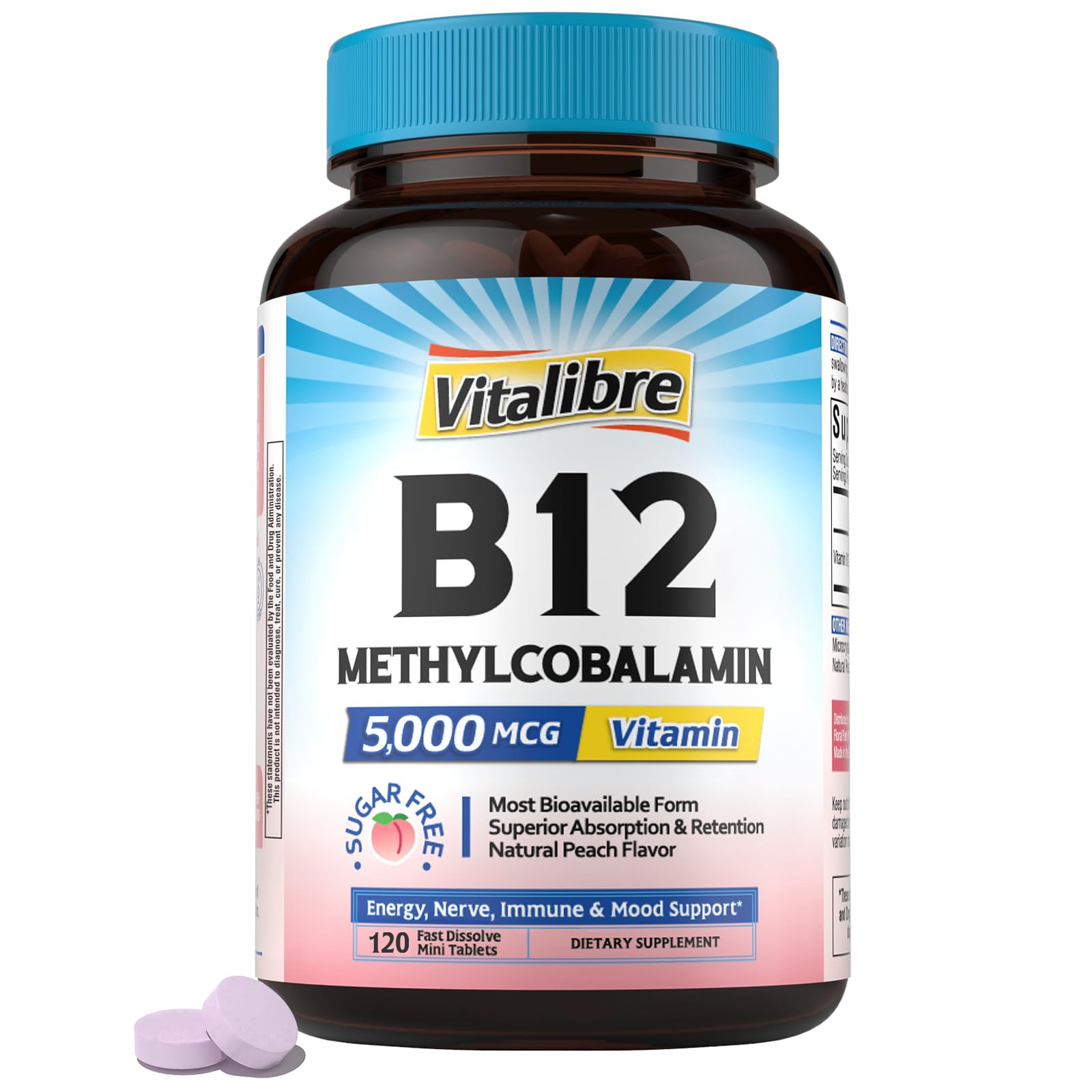 Vitalibre B12 Sublingual 5000 mcg – Vegan Methylcobalamin, Energy