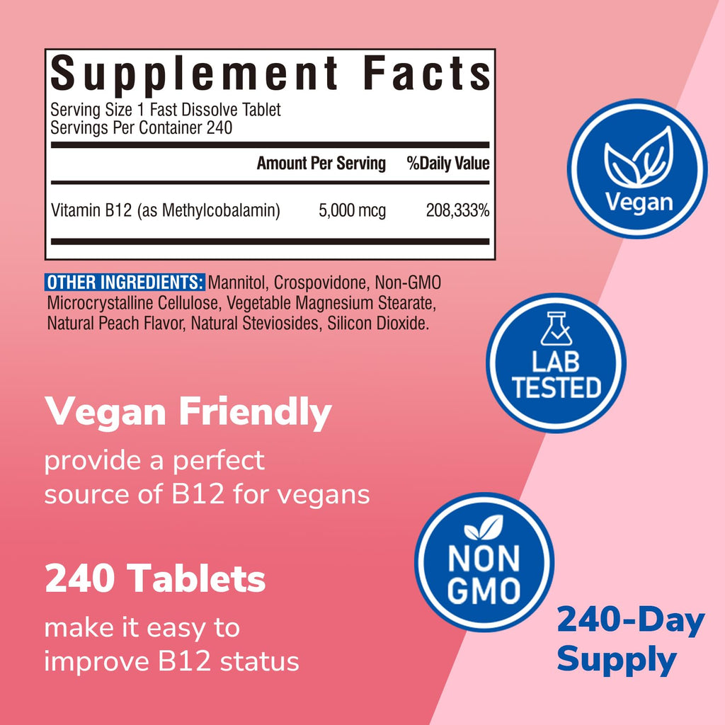 Vitalibre Vitamin B12 Sublingual 5000 mcg – Vegan Methylcobalamin, Peach