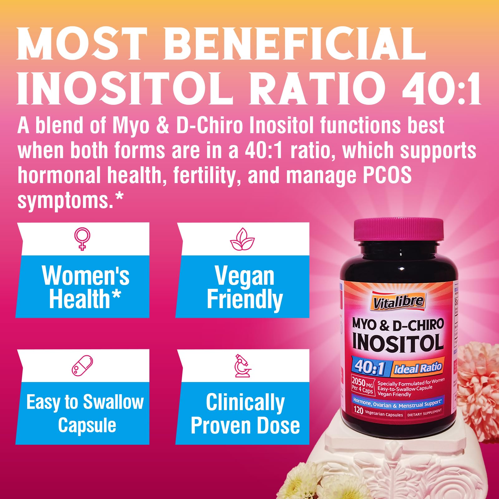Vitalibre Inositol for Women | 40:1 Myo-Inositol & D-Chiro | 120 Vegan Capsules