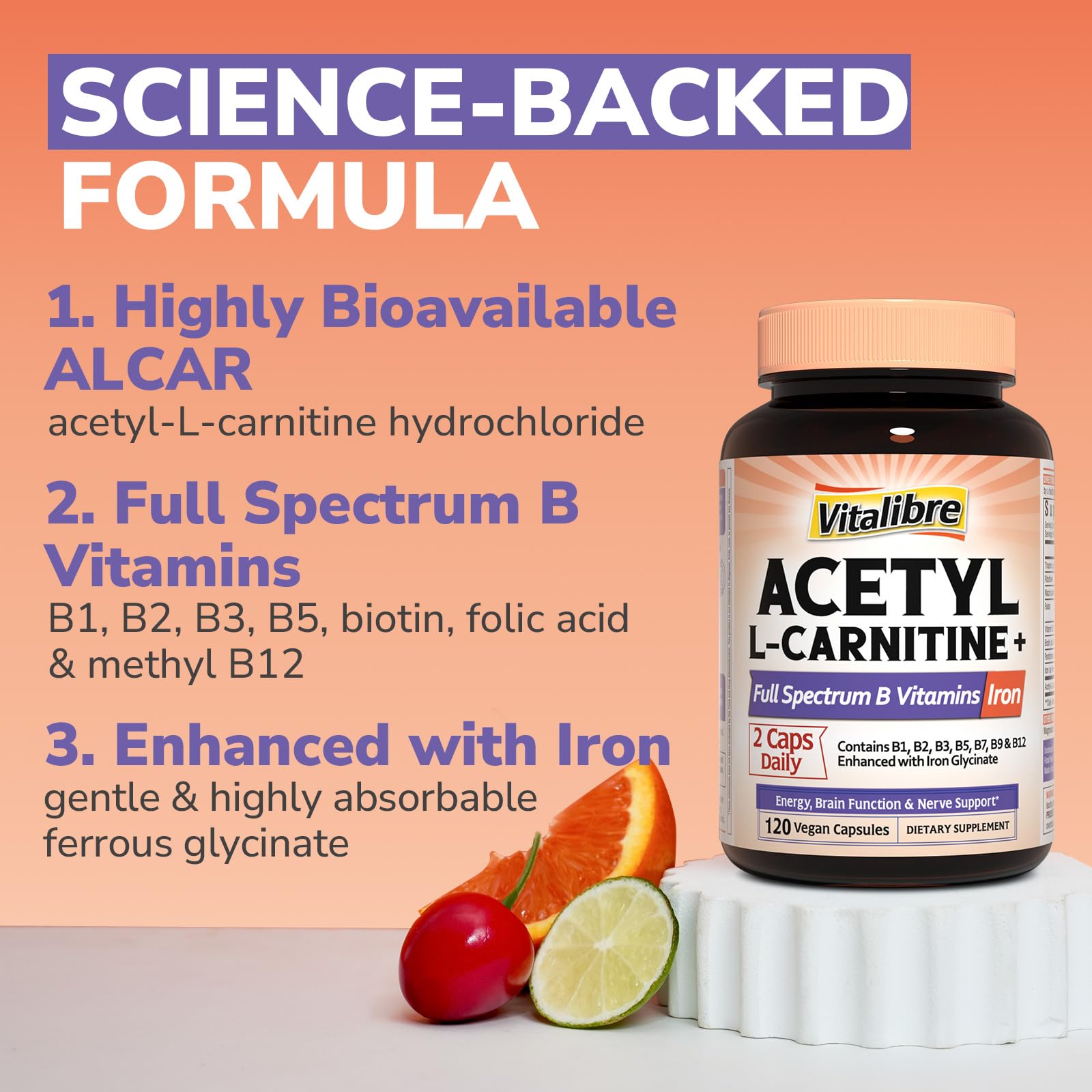 Vitalibre Acetyl-L-Carnitine HCl 1250mg with B Vitamins – High Potency, Energy & Brain Support | 120 Vegan Caps