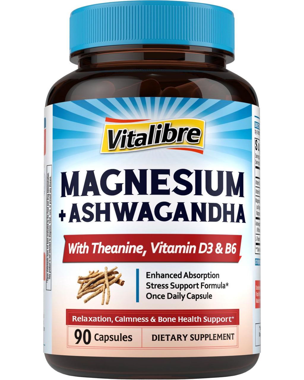 Vitalibre Magnesium Complex with Ashwagandha & L-Theanine – Stress Relief, Bone & Nerve Support | 90 Vegan Capsules