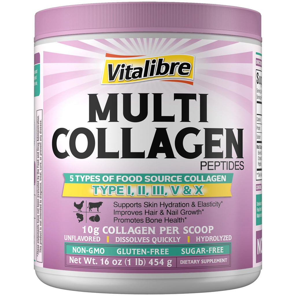 Vitalibre Multi Collagen Peptides Powder – Type I-V-X, Unflavored, 16oz, 45 Servings