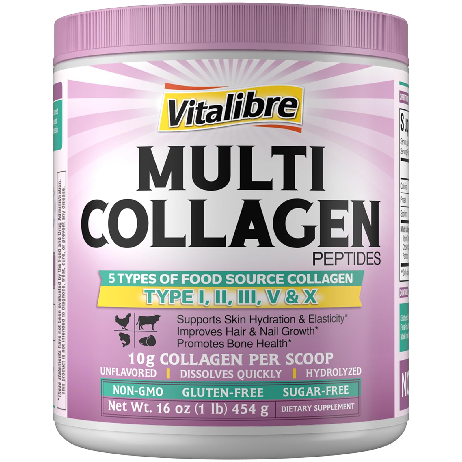 Vitalibre Multi Collagen Peptides Powder – Type I-V-X, Unflavored, 16oz, 45 Servings