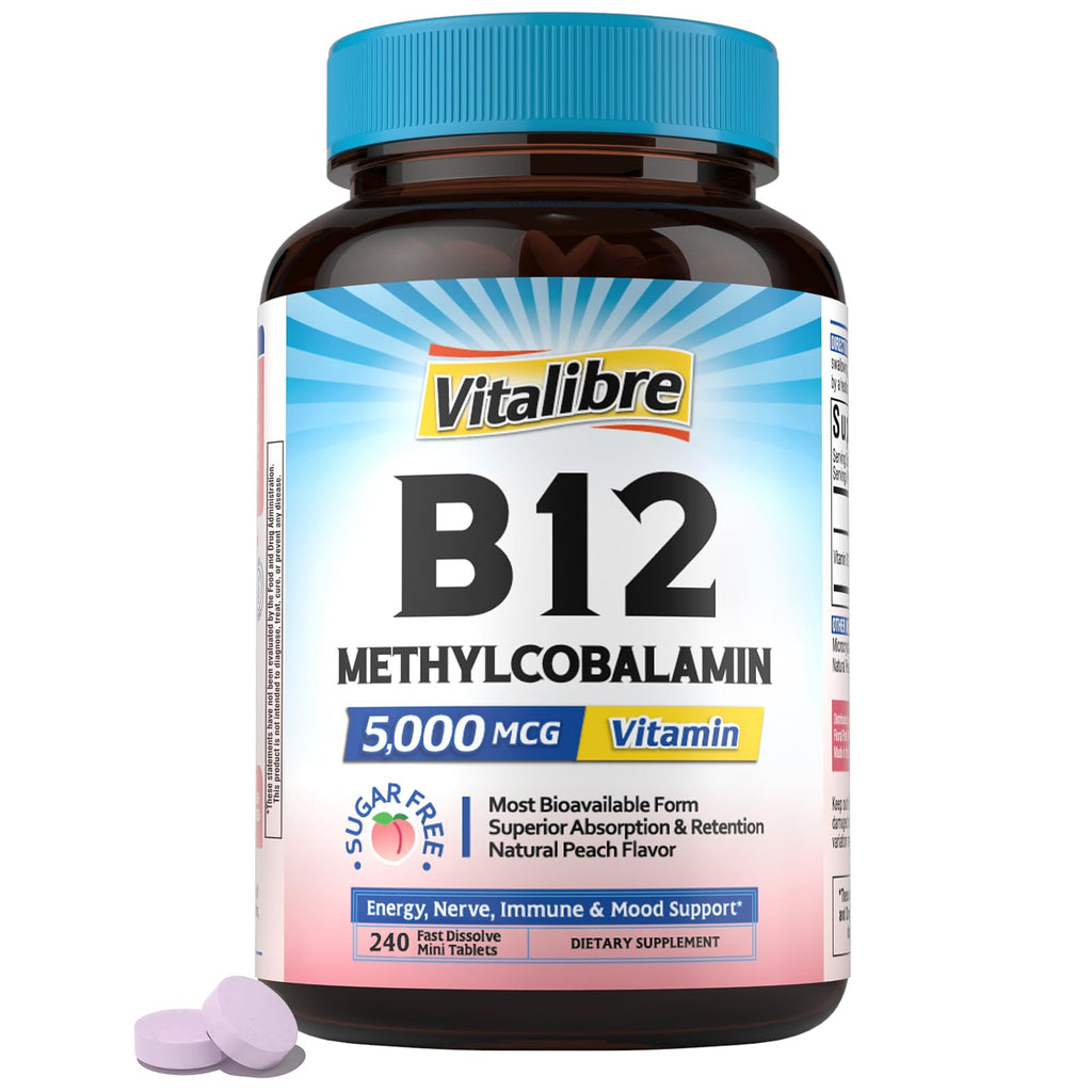 Vitalibre Vitamin B12 Sublingual 5000 mcg – Vegan Methylcobalamin, Peach