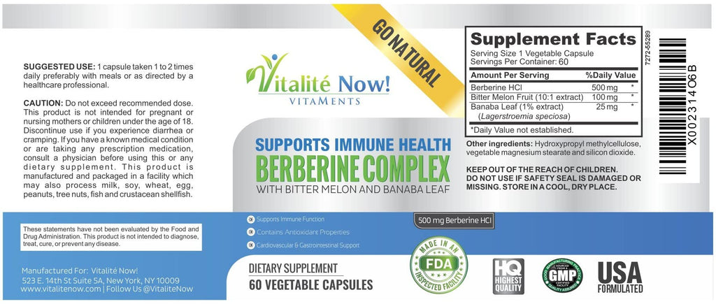 Vitalité Now Berberine 500mg + Bitter Melon & Banaba – Immune, Cardiovascular & GI Support | 60 Veg Capsules