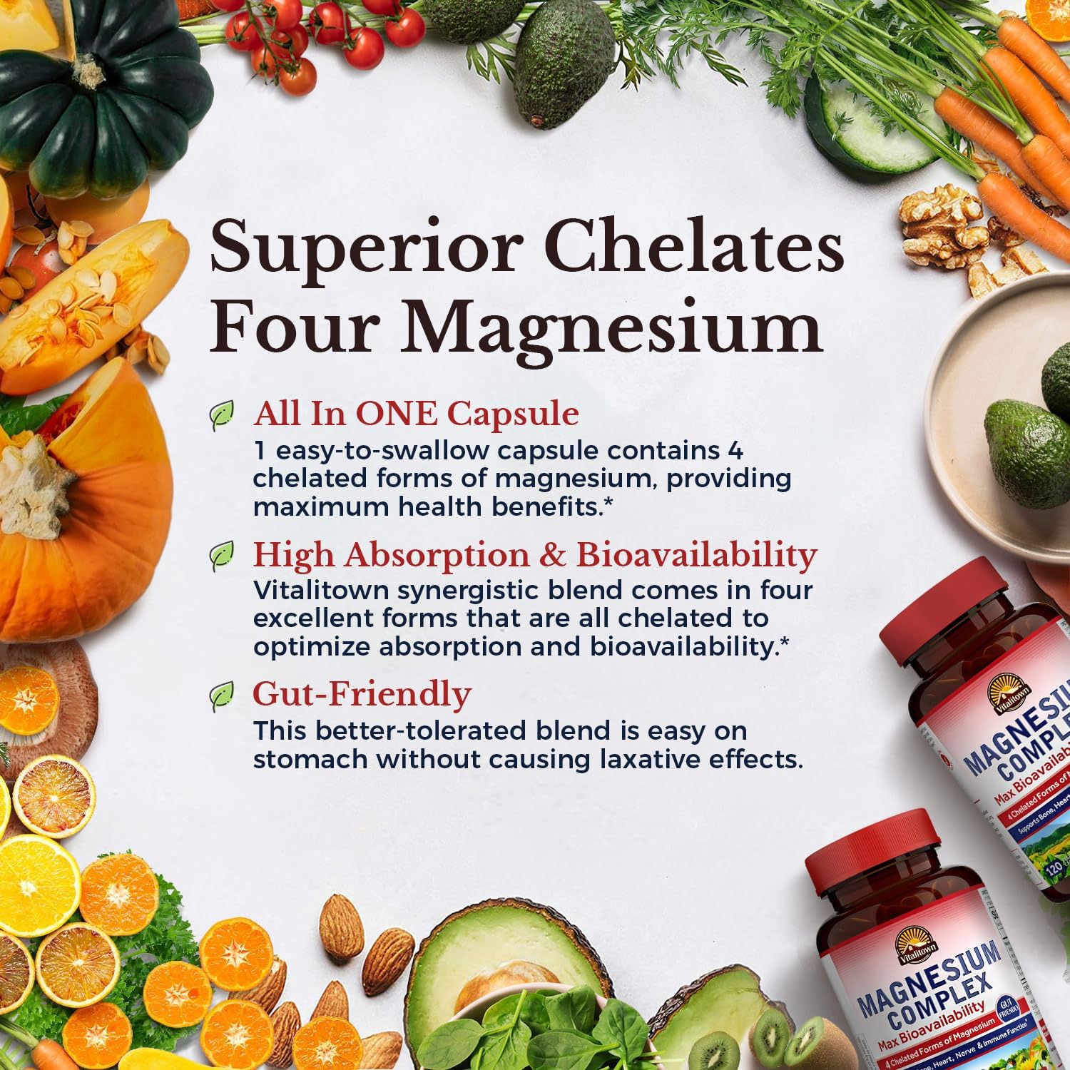Vitalitown Magnesium Complex 2 Packs - 240 Capsules | NSF Certified Chelated Magnesium Glycinate, Malate, Taurate & Citrate