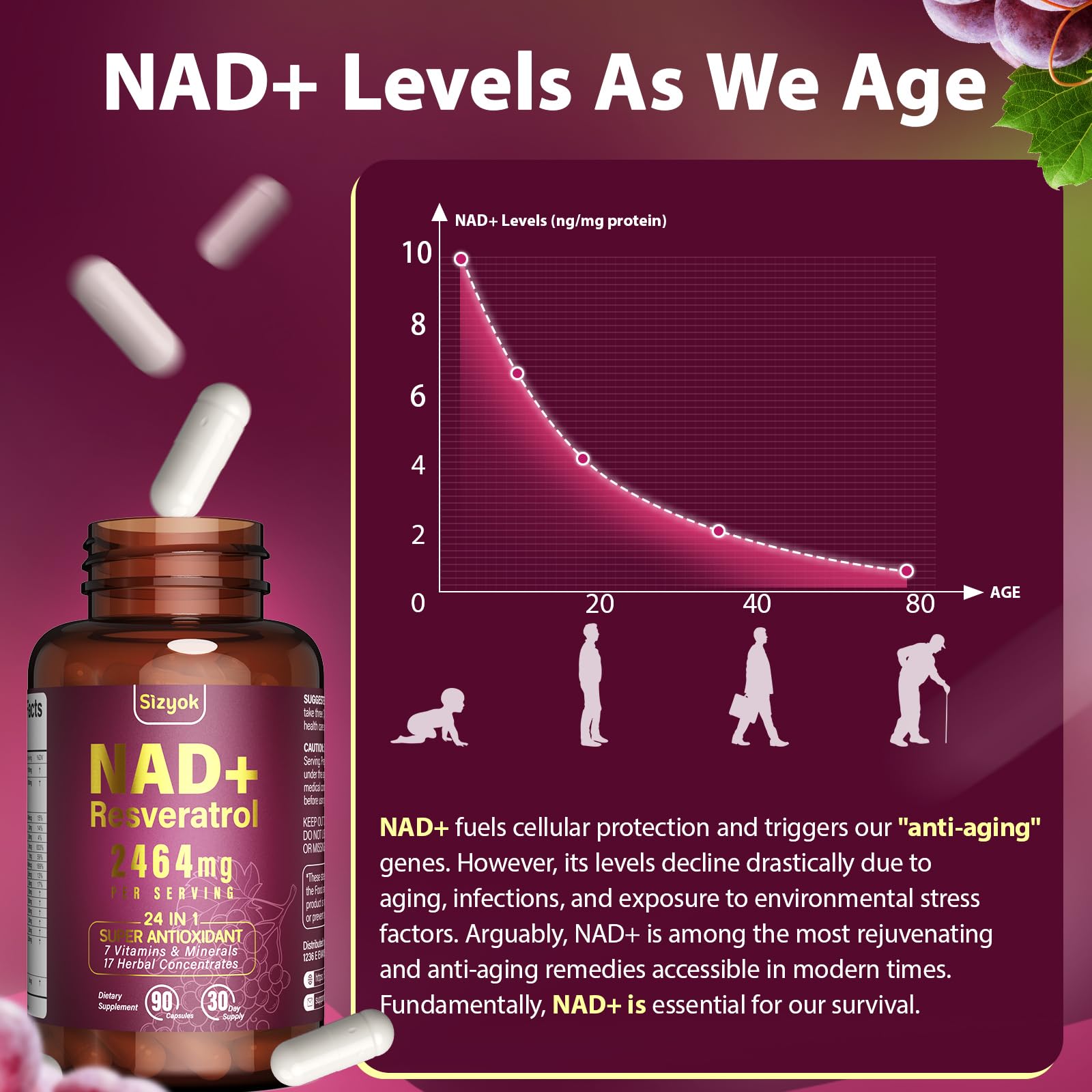 NAD Supplement 1100mg + Resveratrol 600mg | Liposomal NAD+ Capsules with Pterostilbene & Quercetin - Sizyok