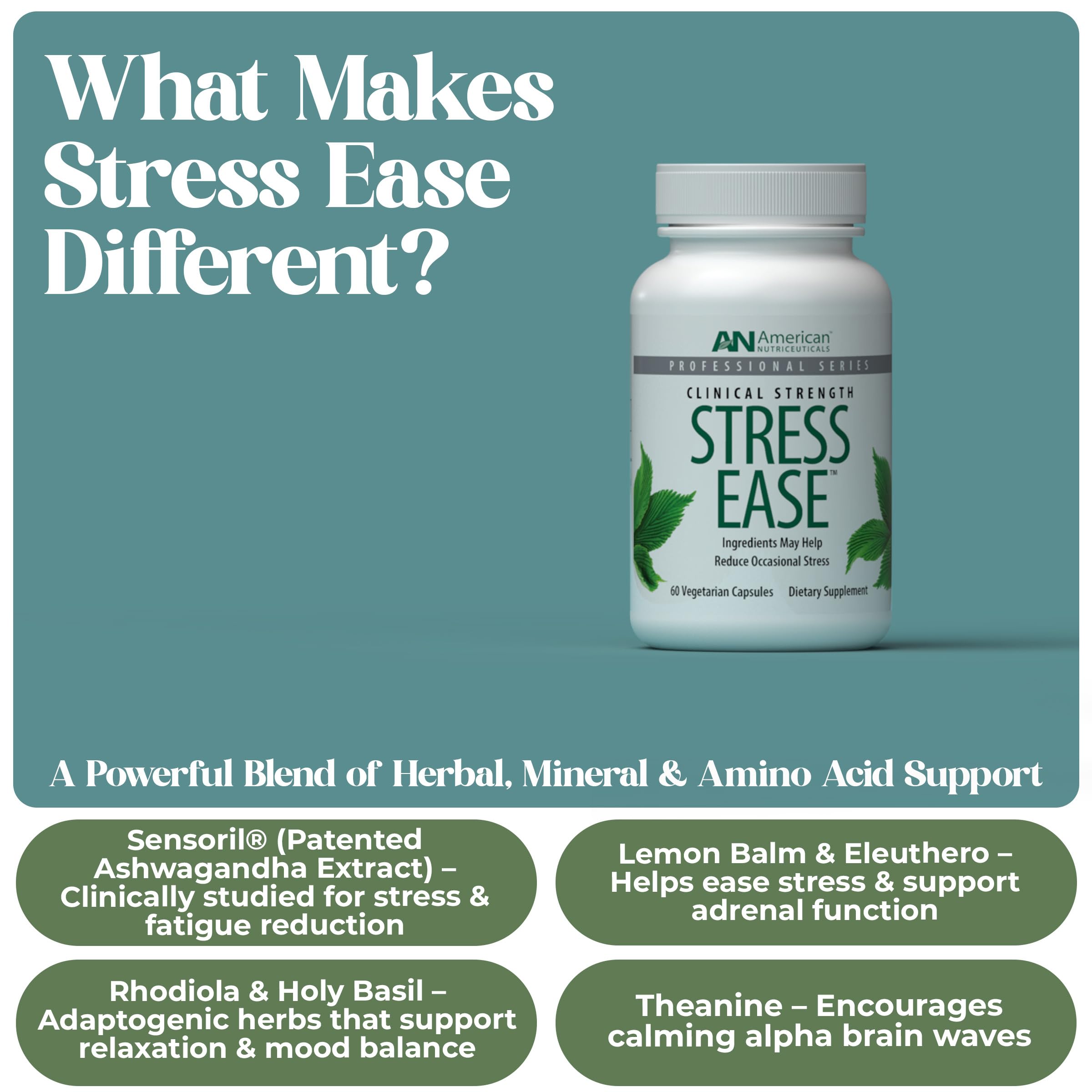 Vitality C American Nutriceuticals Stress Ease - Theanine Stress Balance Supplement for Calming, Mood Support & Cortisol Reduction